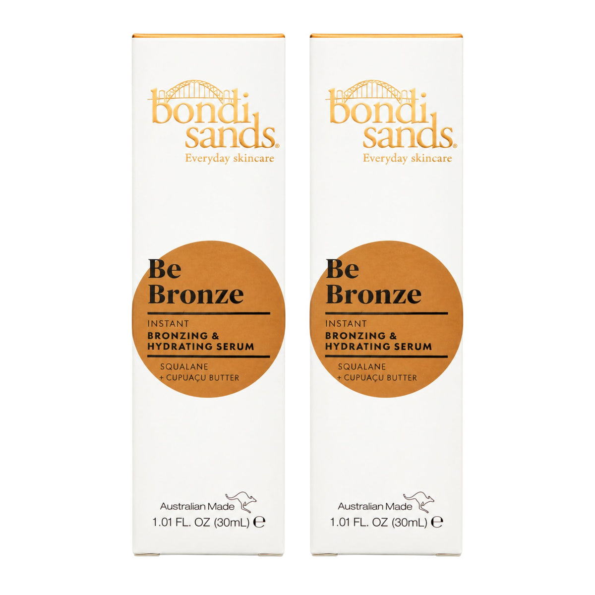 Two boxes of Bondi Sands Be Bronze Instant Bronzing & Hydrating Serum 30ml side by side