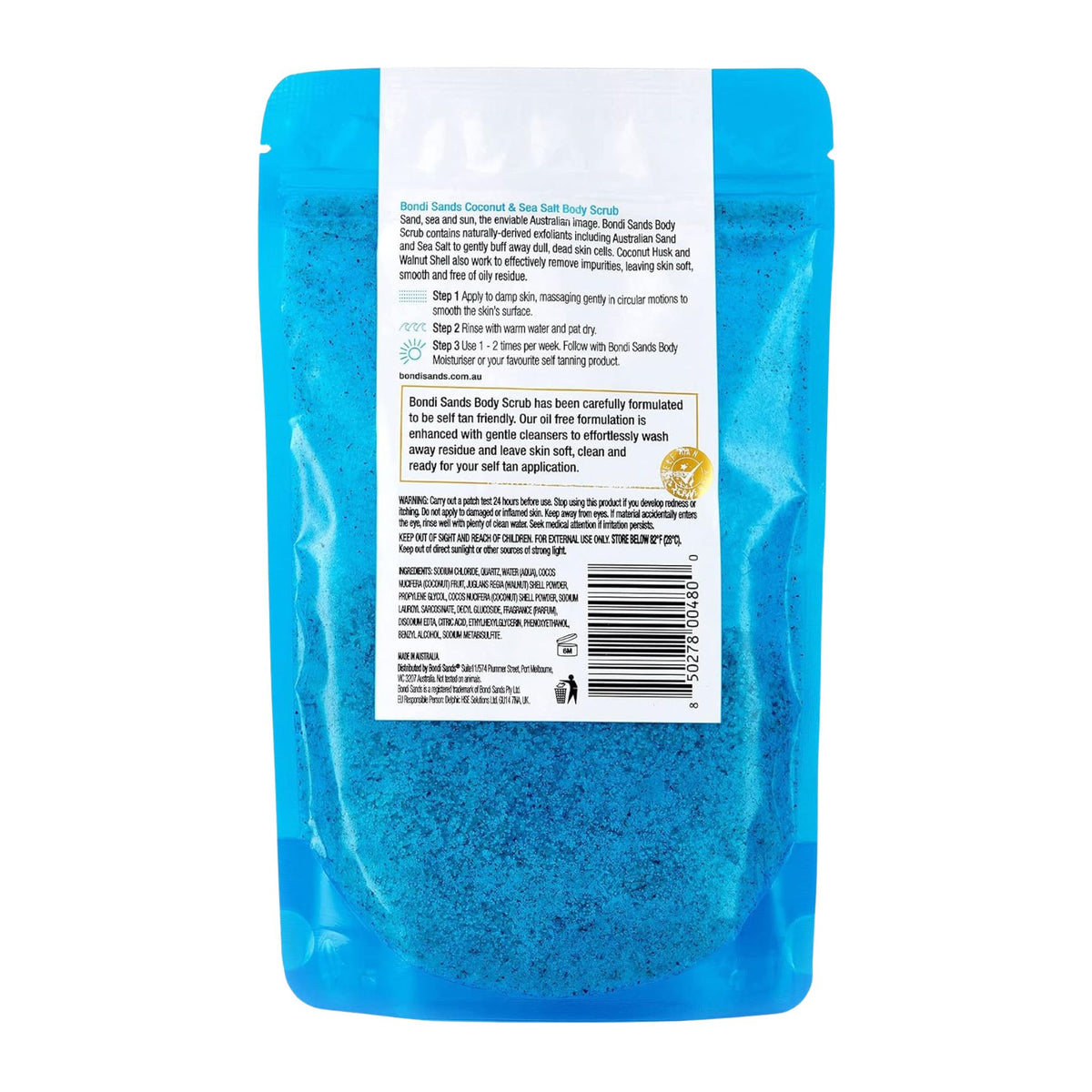 Blue sandalwood body scrub packaging with text on a white background