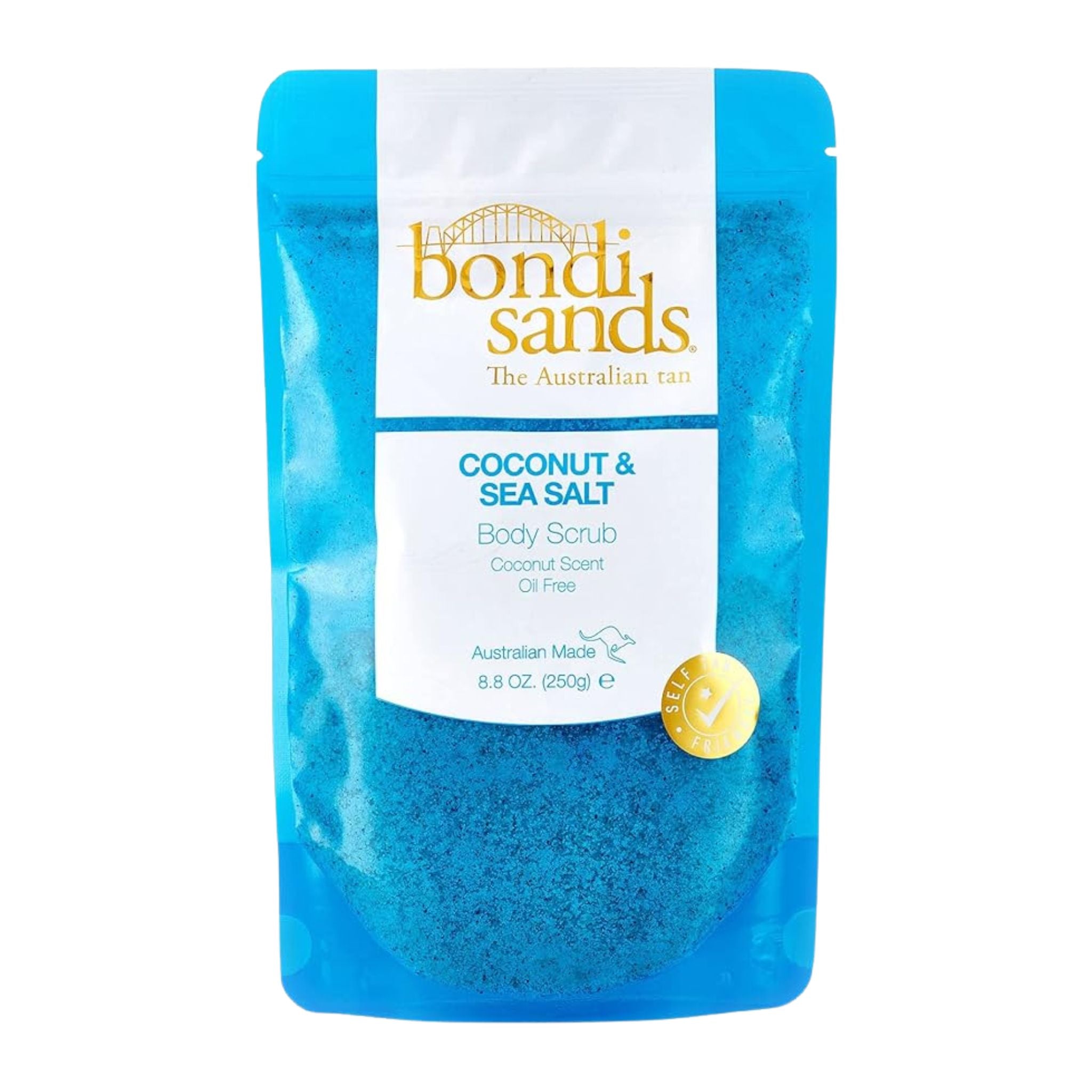Blue packaging of Bondi Sands Coconut & Sea Salt Body Scrub on a white background
