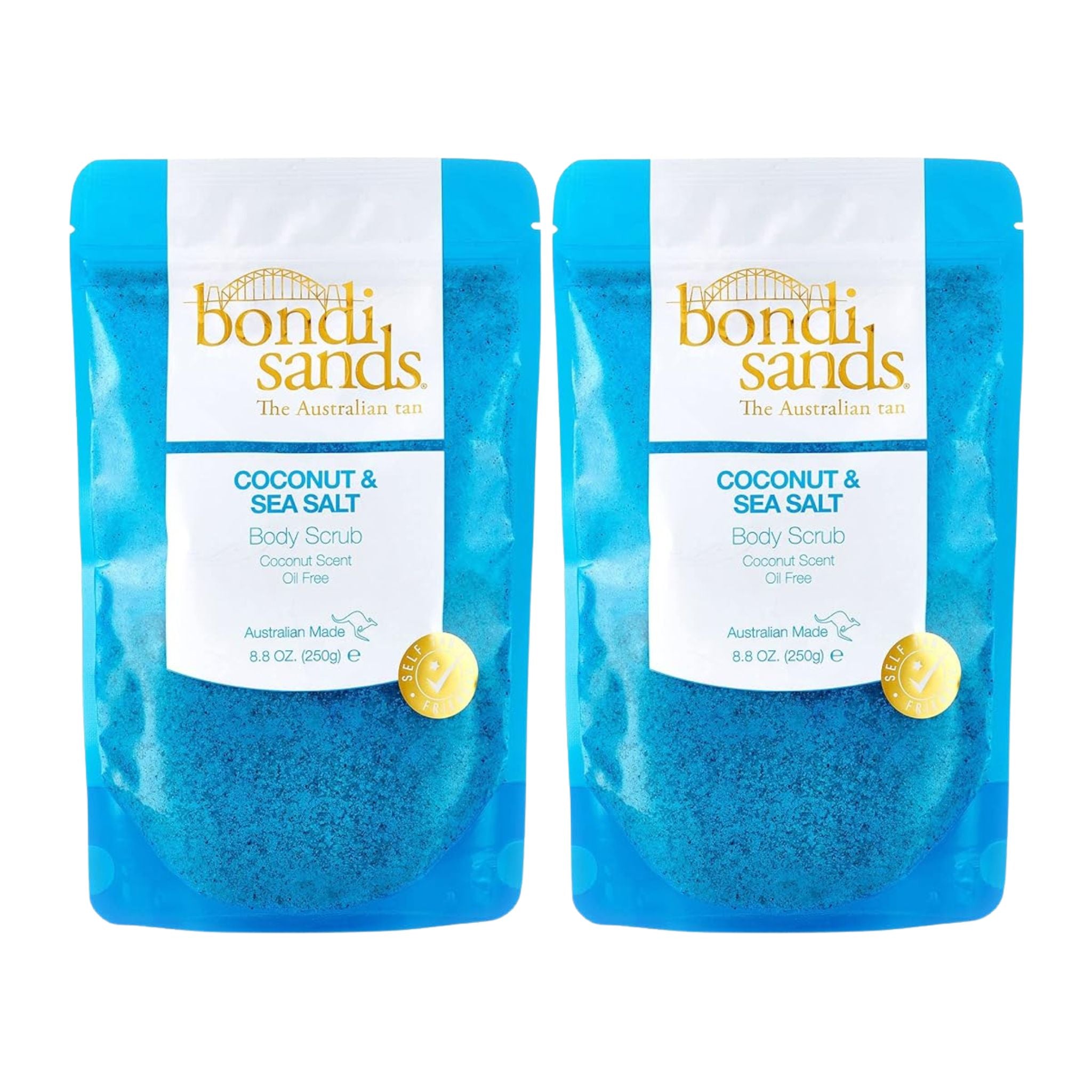 Two packages of bondi sands Coconut & Sea Salt body scrub on a white background