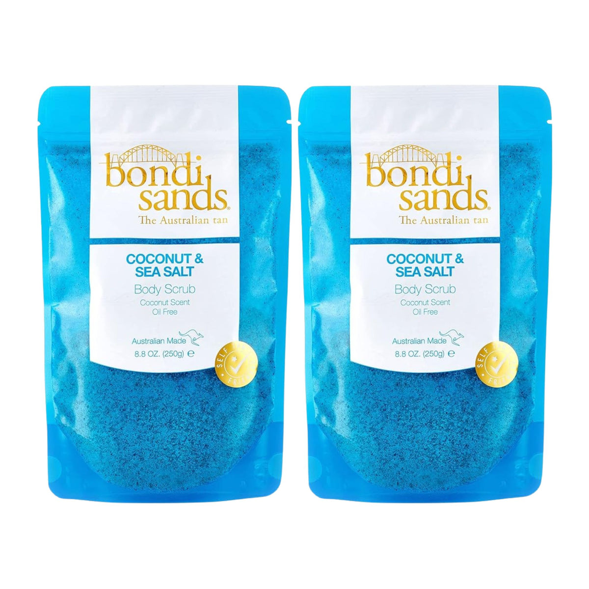 Two packages of bondi sands Coconut & Sea Salt body scrub on a white background