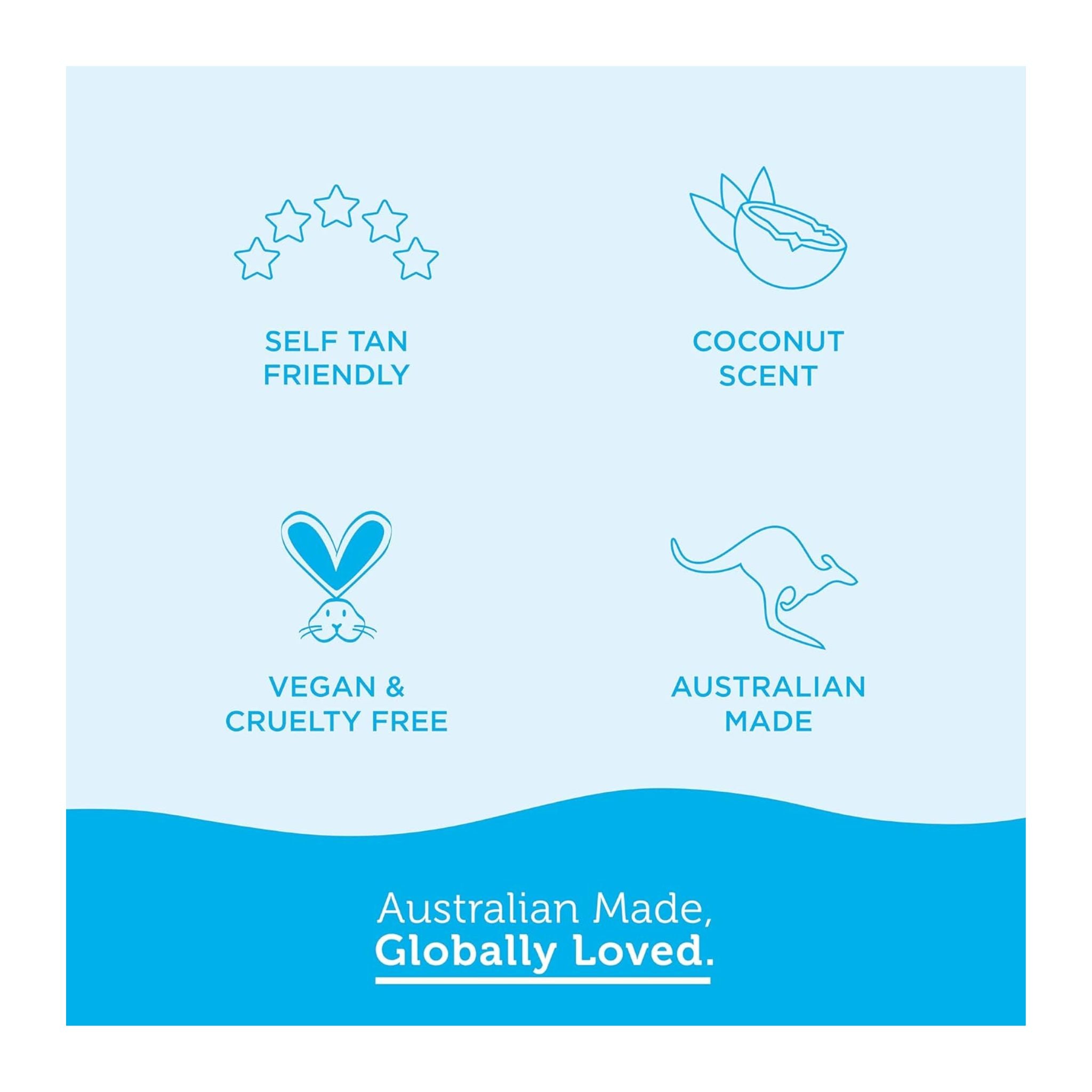 Product label with icons and text about self-tan, coconut scent, vegan/cruelty-free, and Australian made on a blue background.