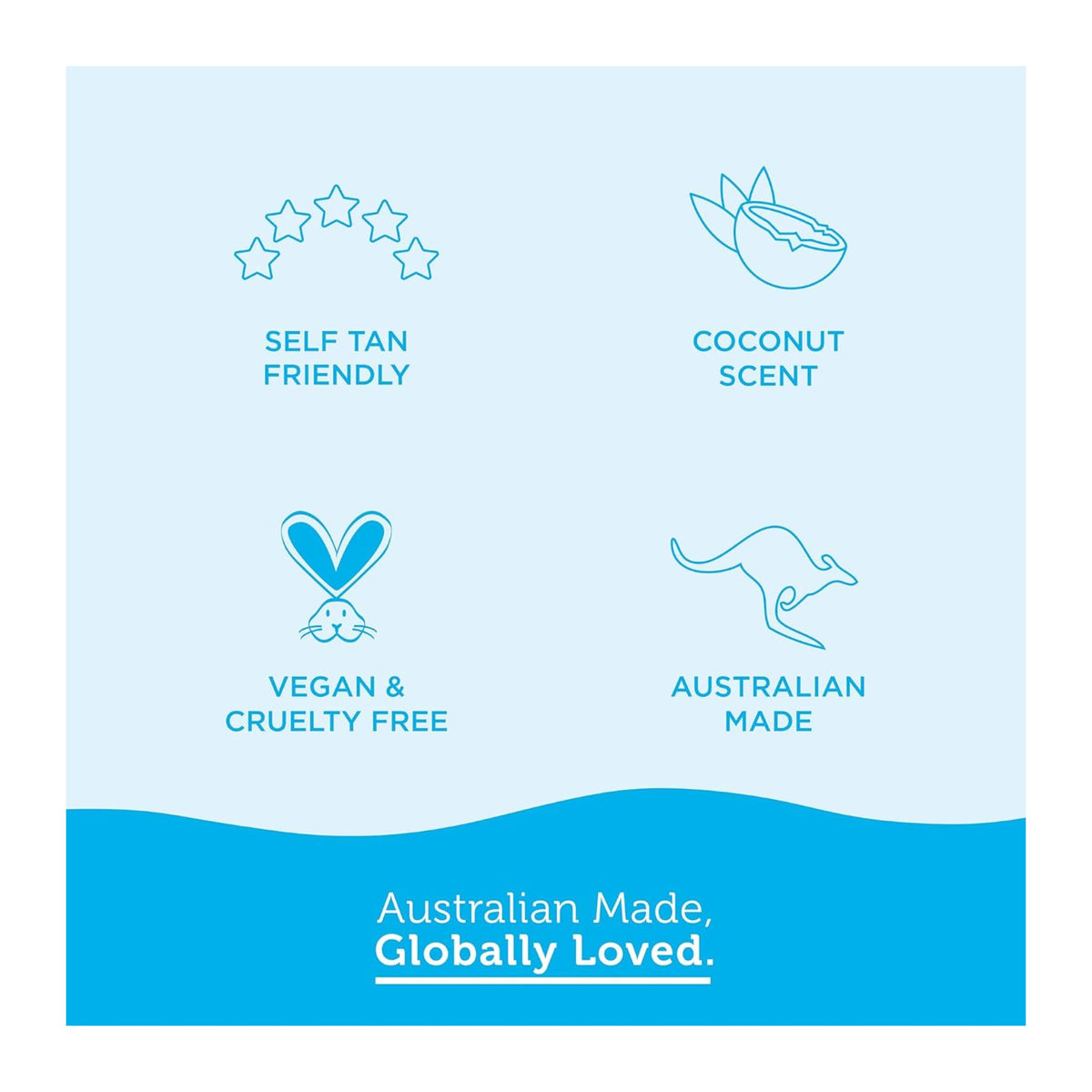 Product label with icons and text about self-tan, coconut scent, vegan/cruelty-free, and Australian made on a blue background.