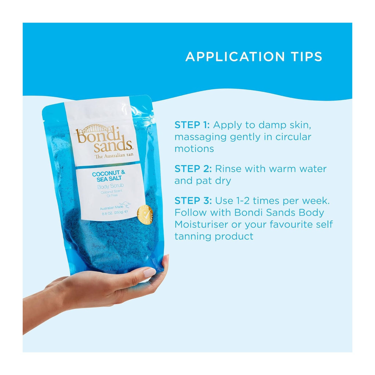 Bondi Sands coconut and sea salt product with application tips on a blue background