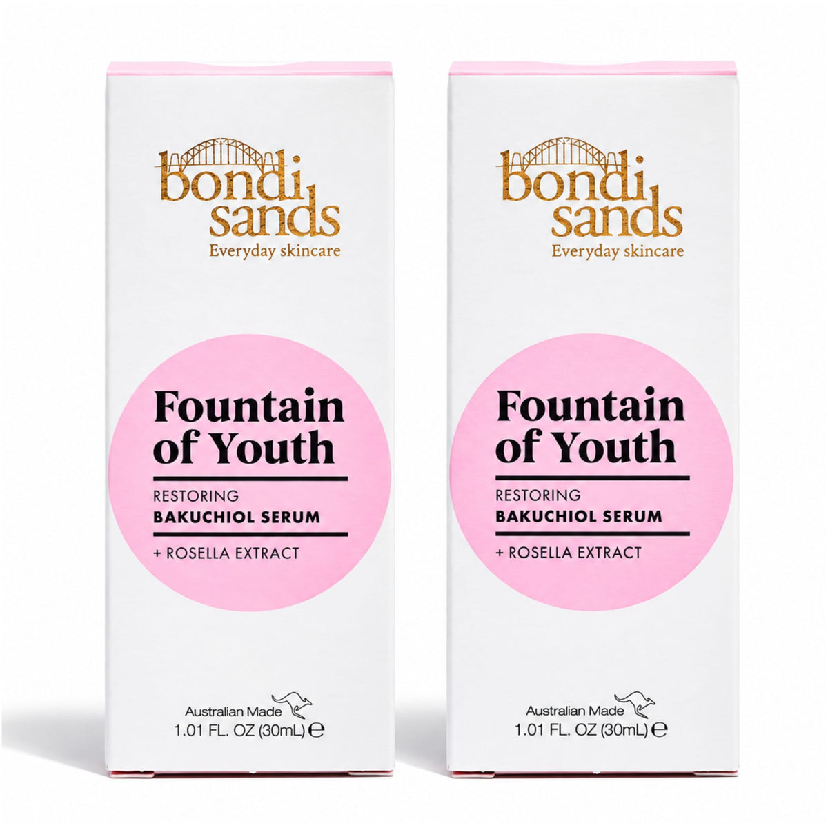 Bondi Sands Fountain of Youth Restoring Bakuchiol Serum 30ml 2 pack outer packaging box front view