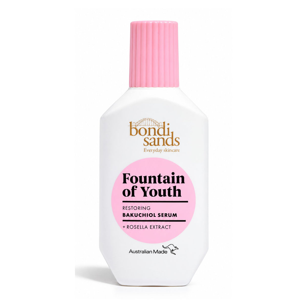 A white plastic bottle of Bondi Sands Fountain of Youth Restoring Bakuchiol Serum with a pink cap and a pink circular label, set against a plain white background.