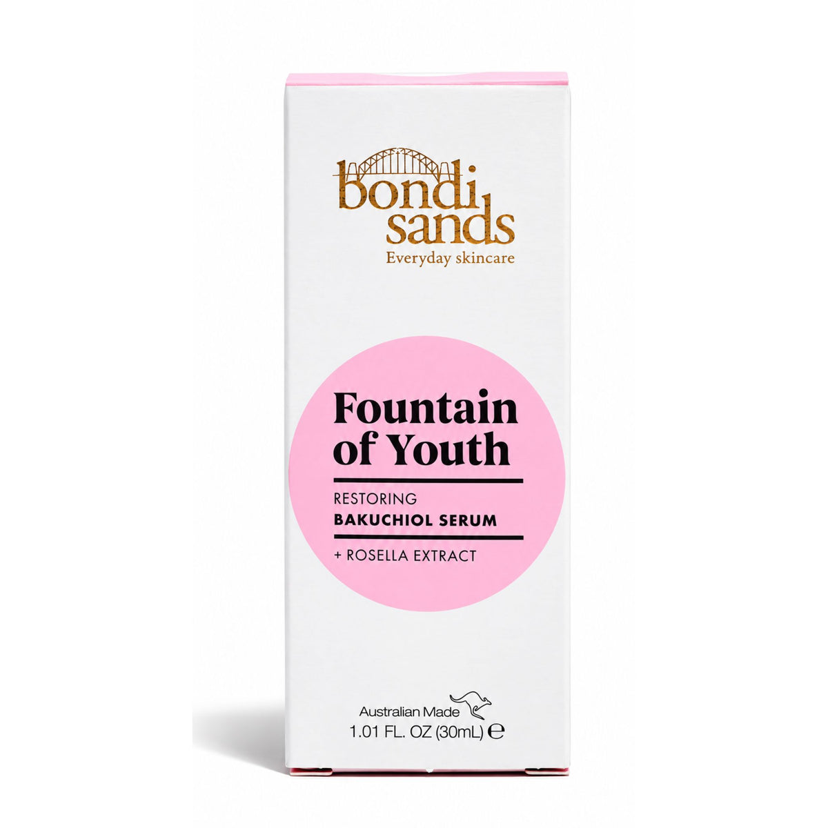 Bondi Sands Fountain of Youth Restoring Bakuchiol Serum box, featuring a white packaging design with a prominent pink circle and gold brand lettering.