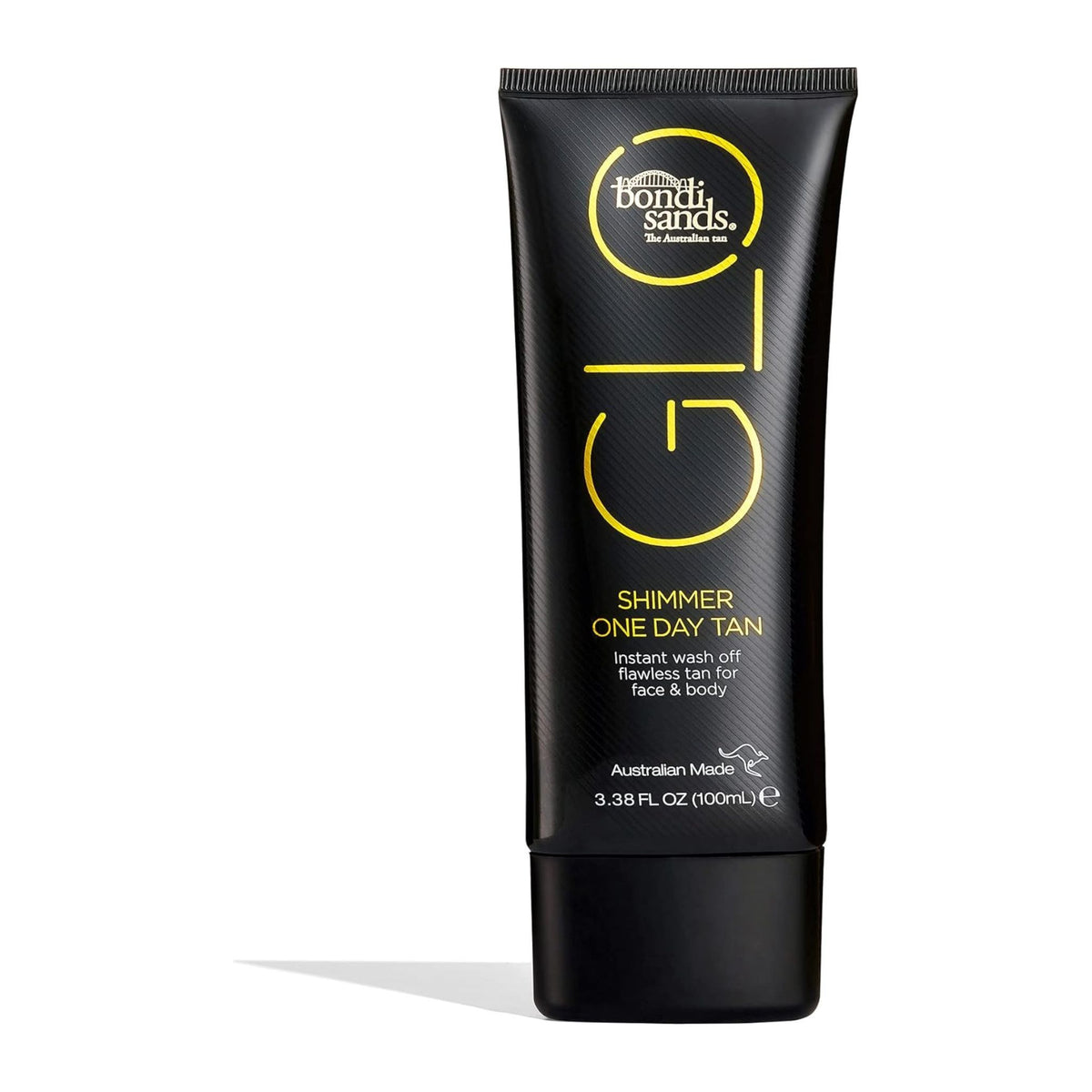 Black tube of Bondi Sands One Day Tan with yellow text on a white background