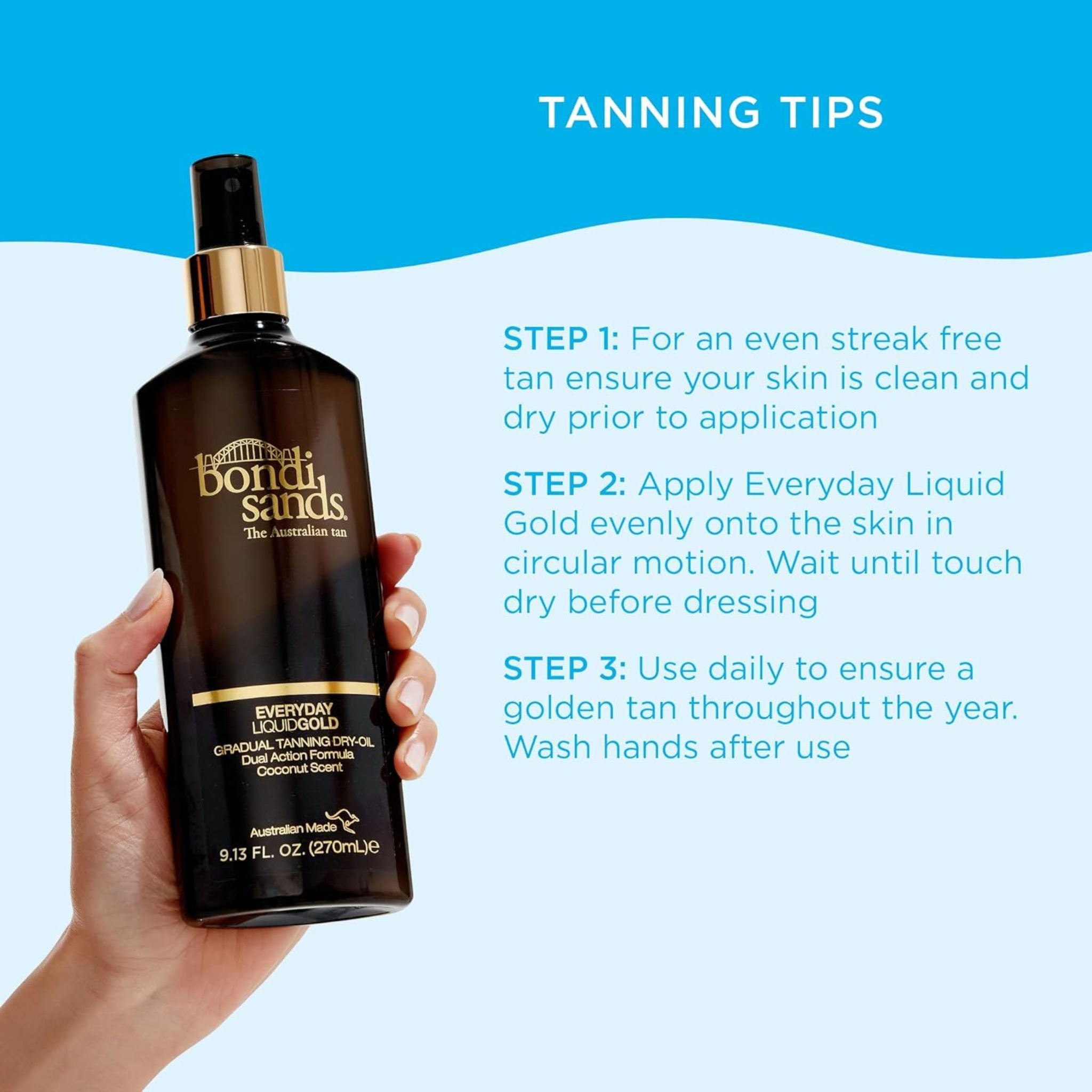 Bondi Sands tanning oil bottle held by a hand with tanning tips on a blue and white background