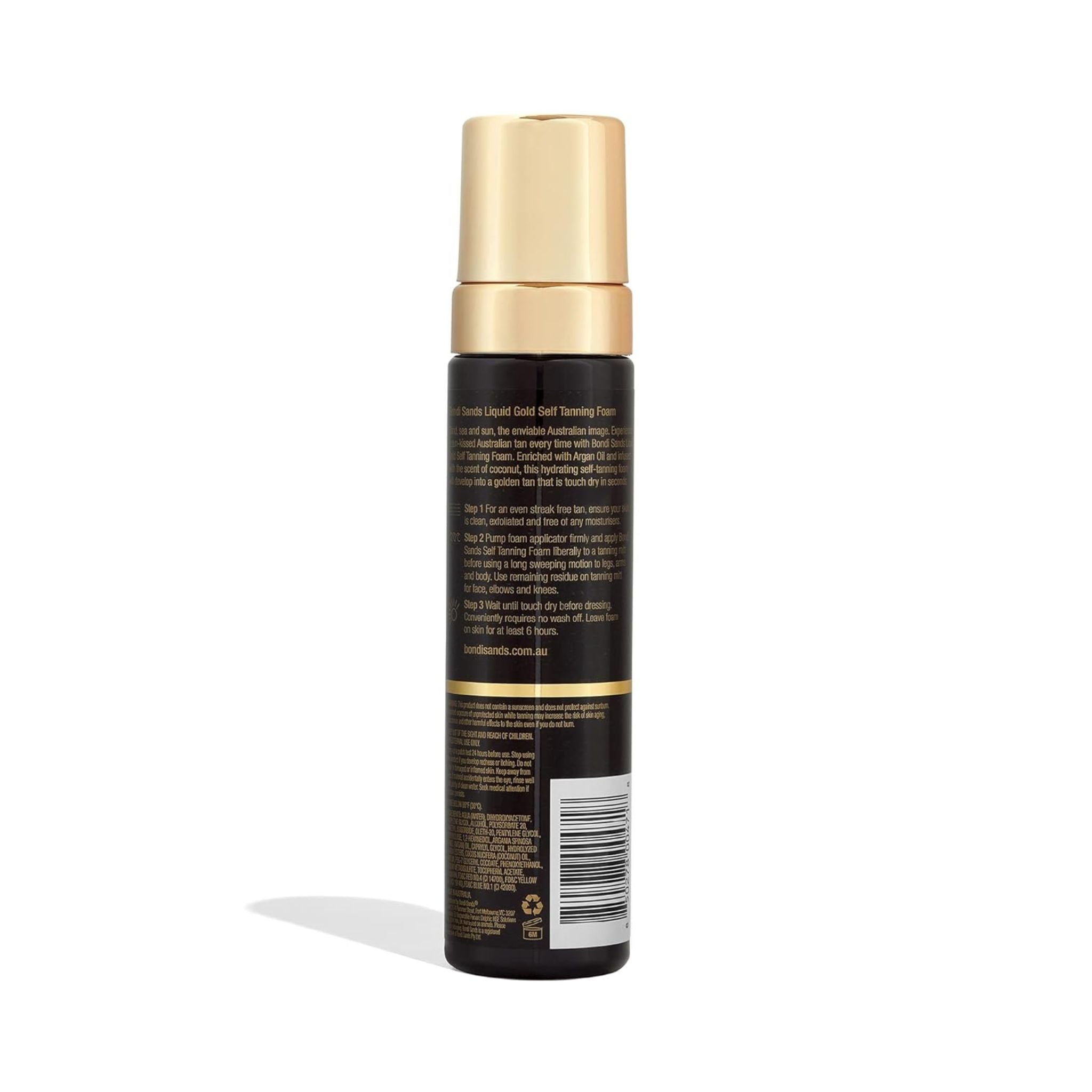 Bondi Sands Liquid Gold self-tanning foam bottle with gold cap on white background