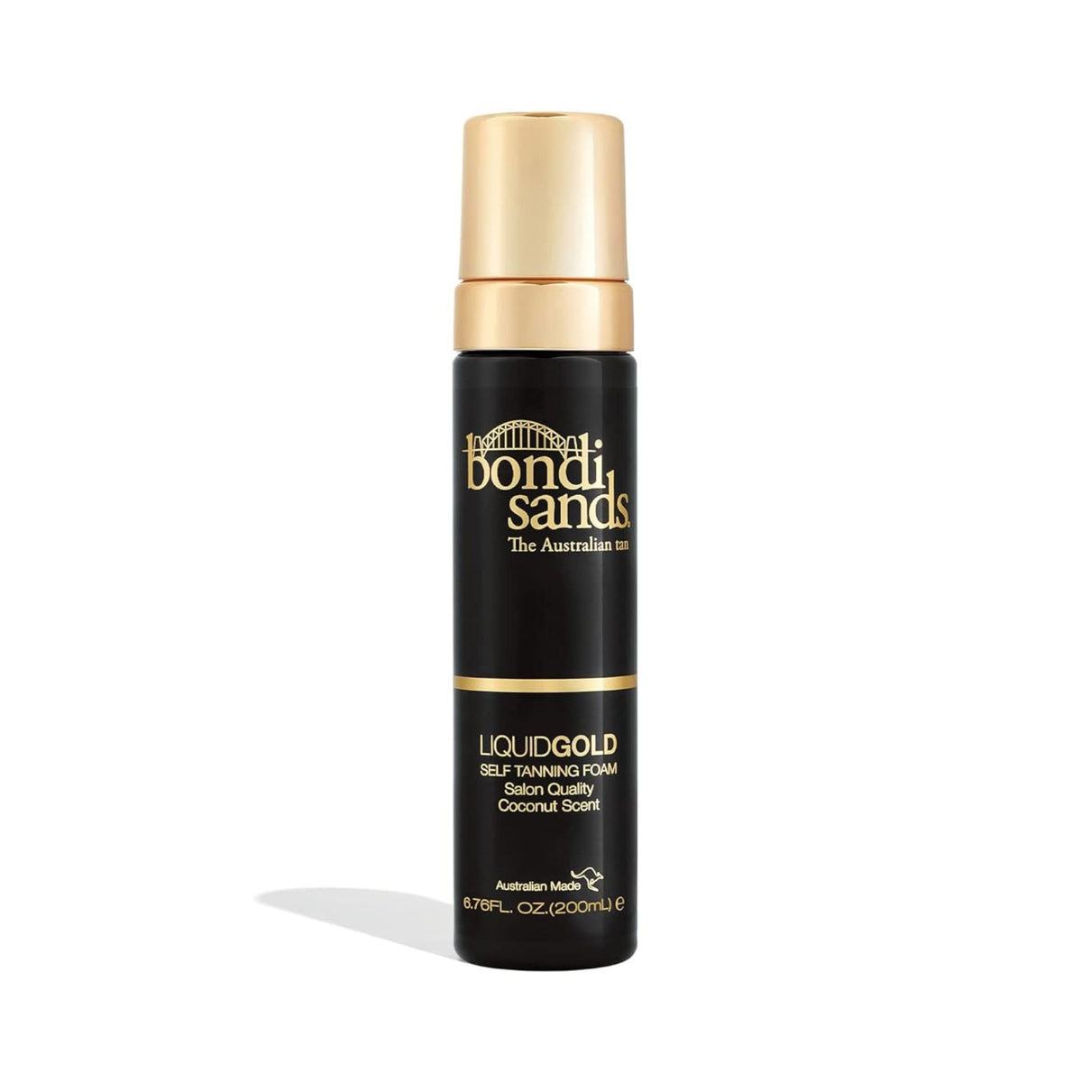 Bondi Sands Liquid Gold Self Tanning Foam in a black bottle with a pump, labeled as hydrating tanning foam with Argan Oil.
