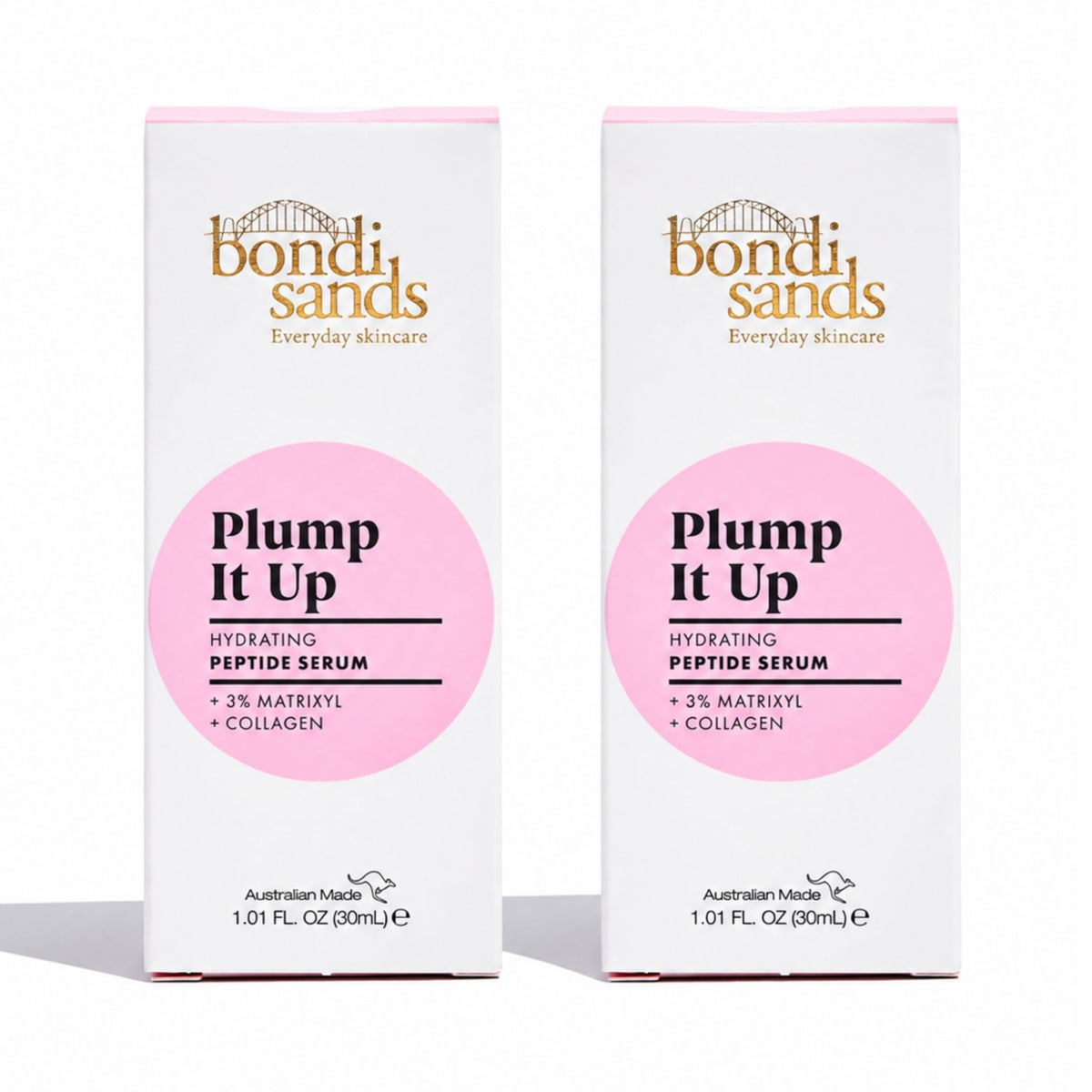 Two white Bondi Sands skincare boxes side by side, labeled 'Plump It Up Hydrating Peptide Serum,' with pink circular labels and gold brand text on a white background.