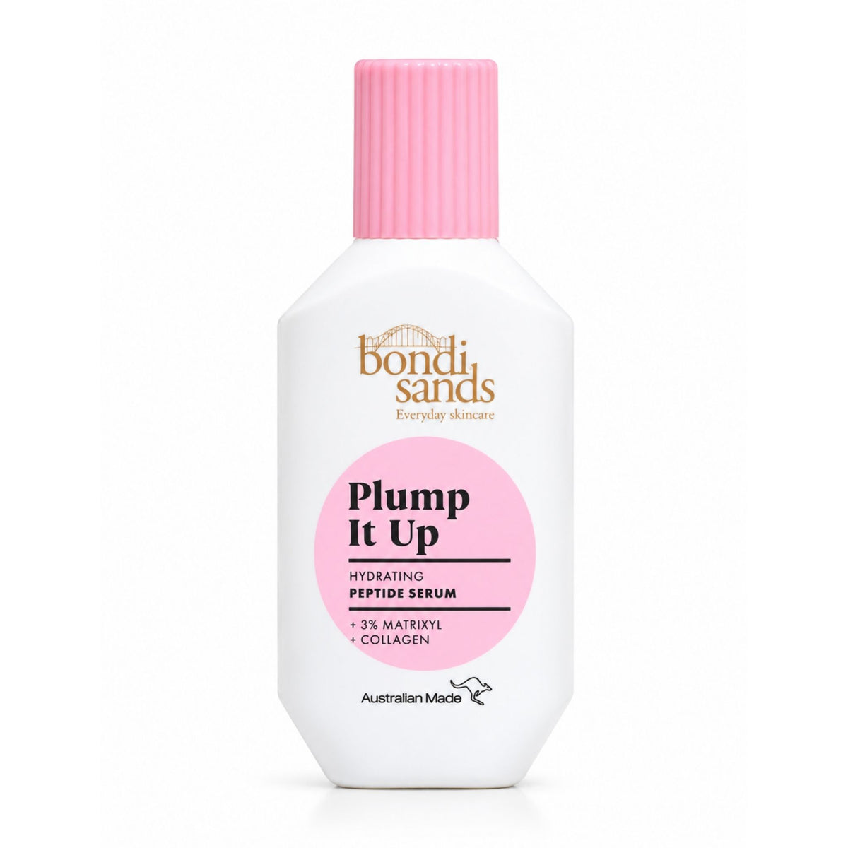Bondi Sands Plump It Up Hydrating Peptide Serum in a white bottle with a pink cap and a pink circular label.