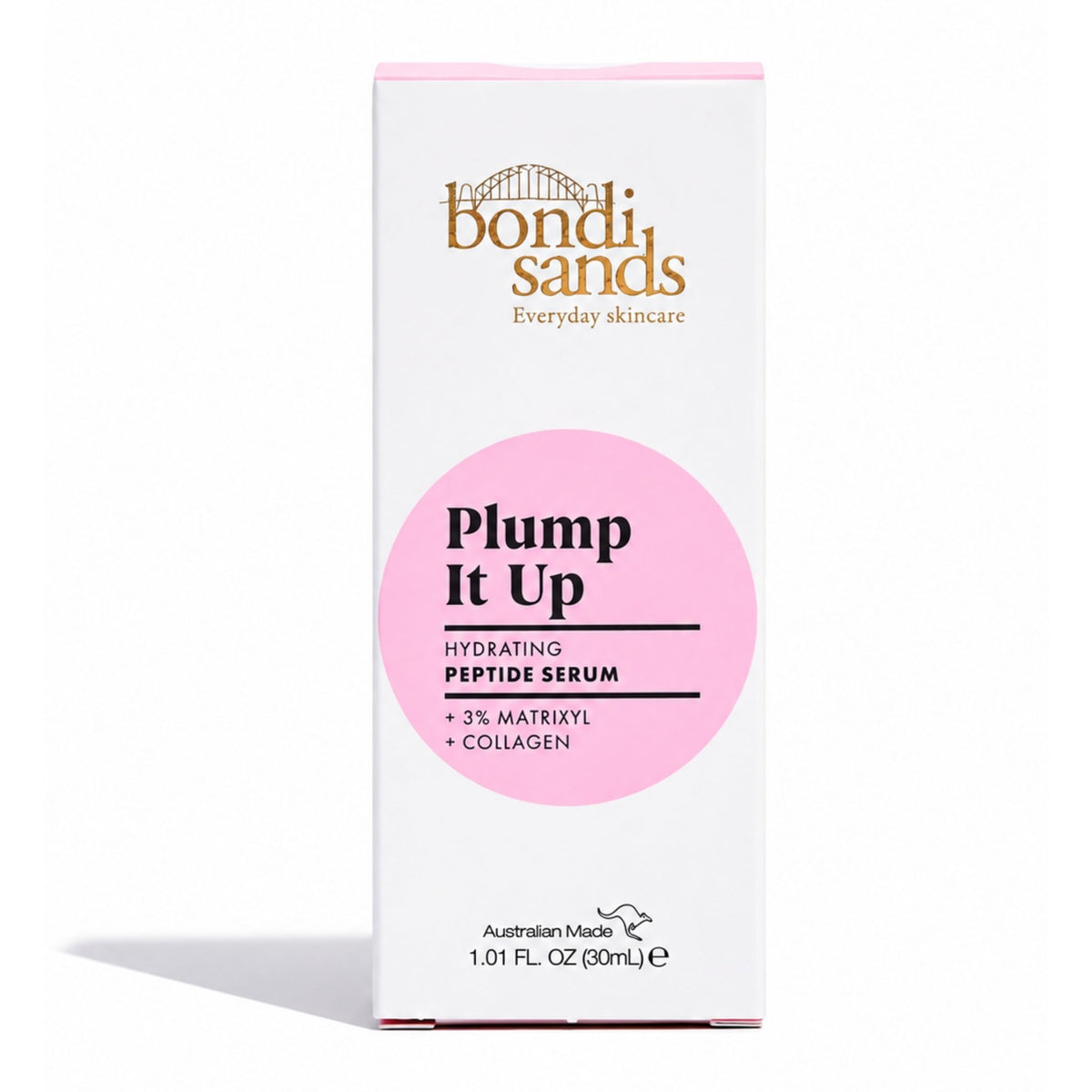 Bondi Sands Plump It Up Hydrating Peptide Serum box, featuring a white packaging design with a prominent pink circle and gold brand lettering.