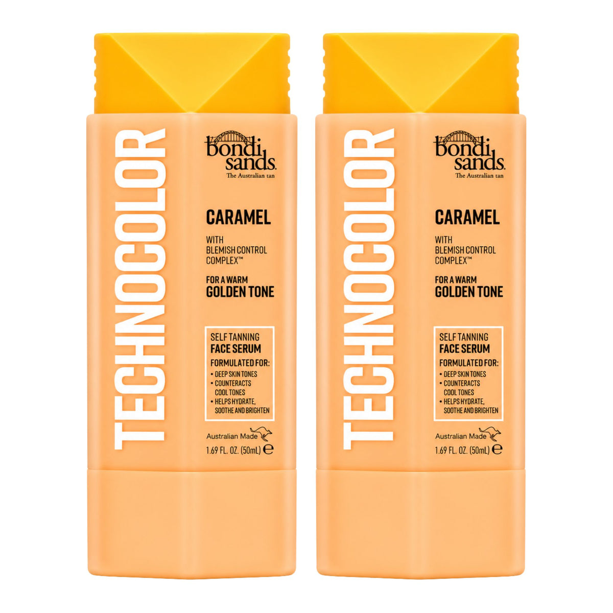 Two boxes of Bondi Sands Technocolor Caramel Self Tanning Face Serum 50ml side by side