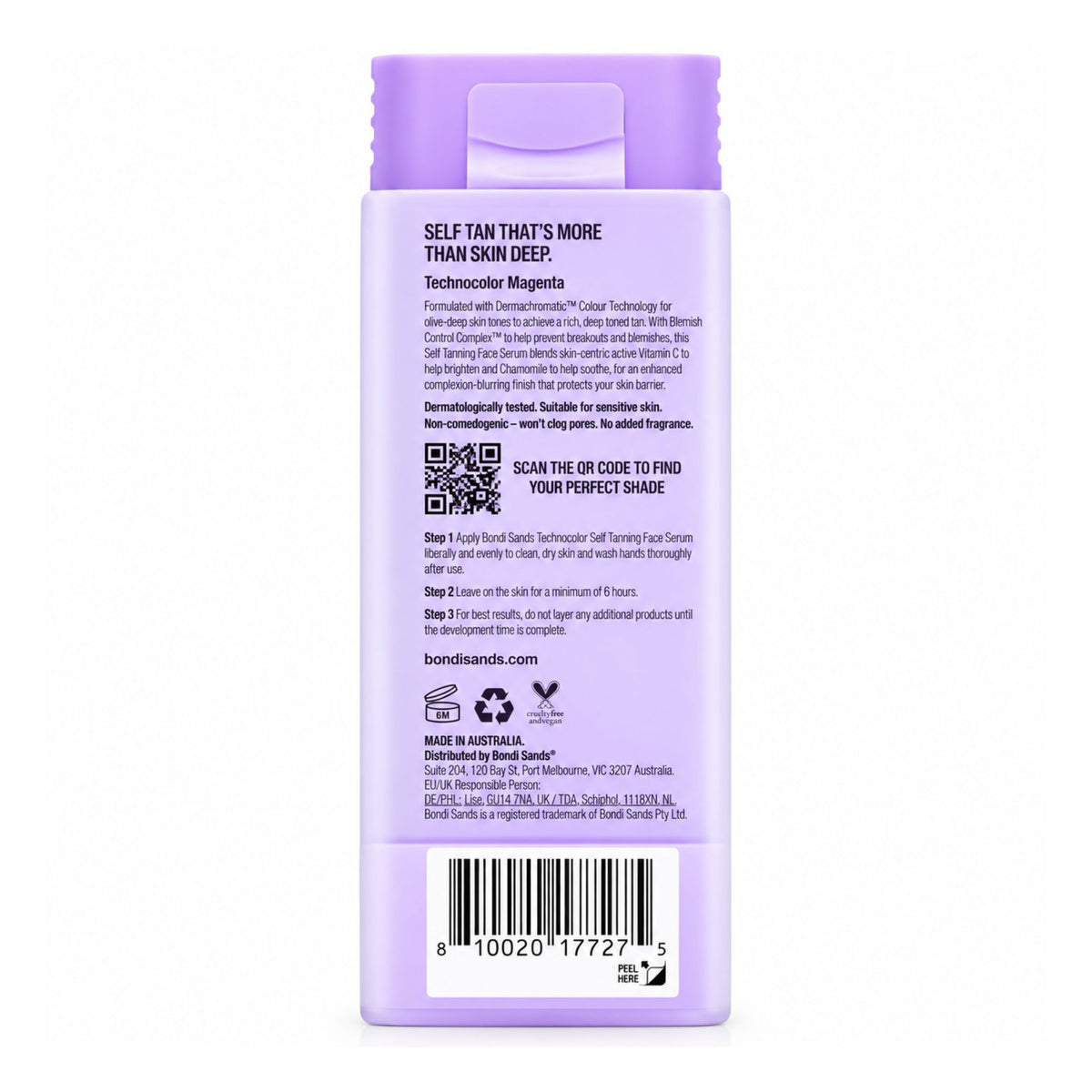 Bondi Sands Technocolor Magenta Self Tanning Face Serum 50ml side packaging directions