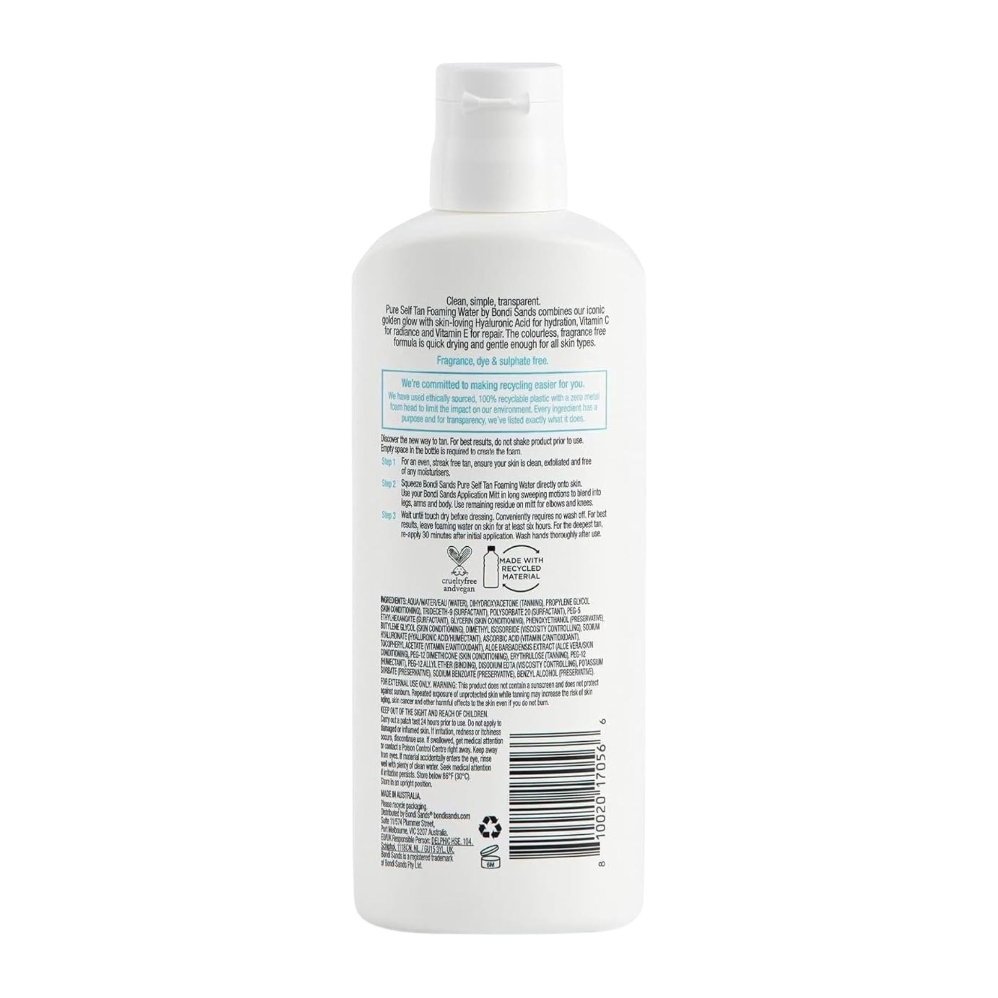 Back view of a white bottle with text and a barcode on a white background