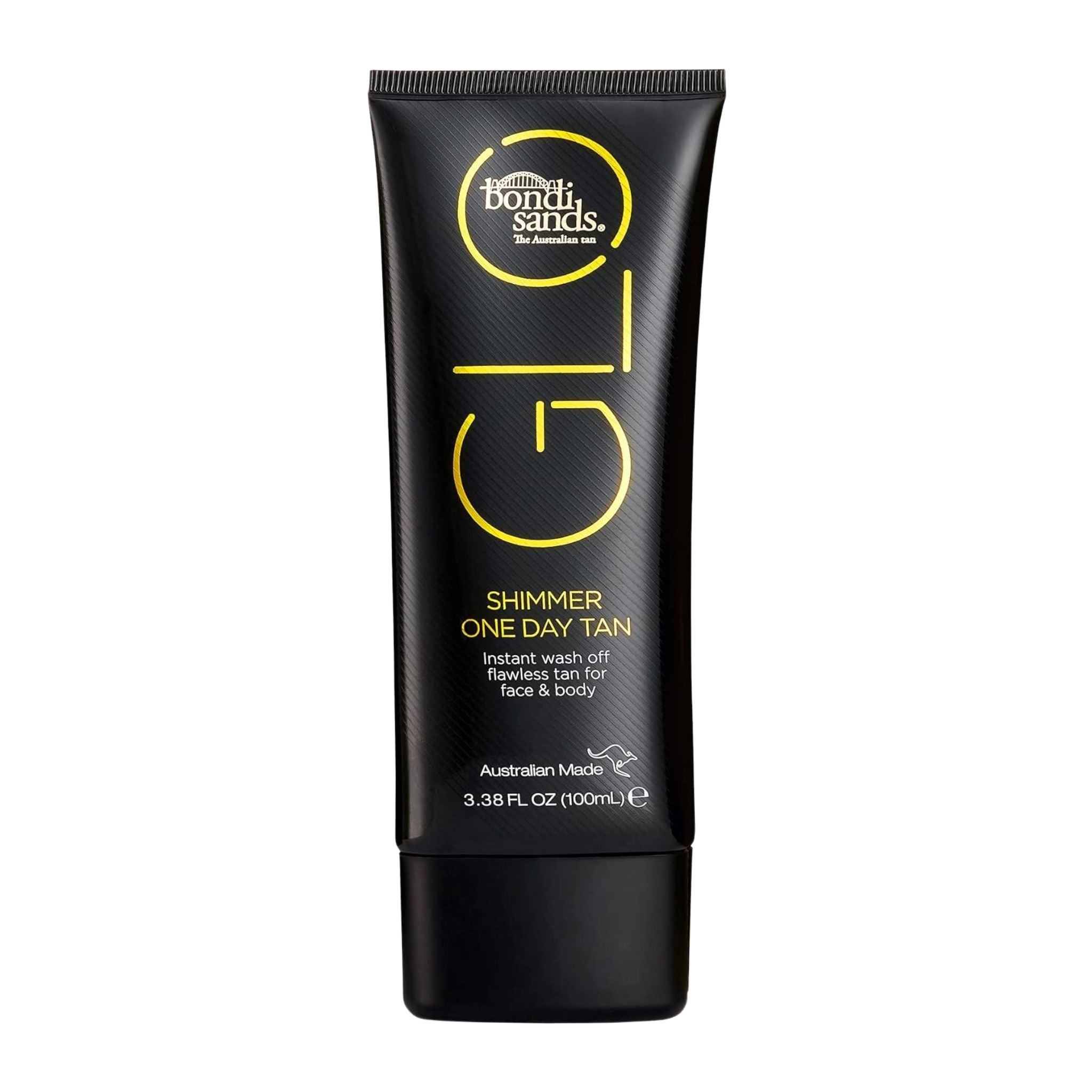 Black tube of Bondi Sands Shimmer One Day Tan on a white background