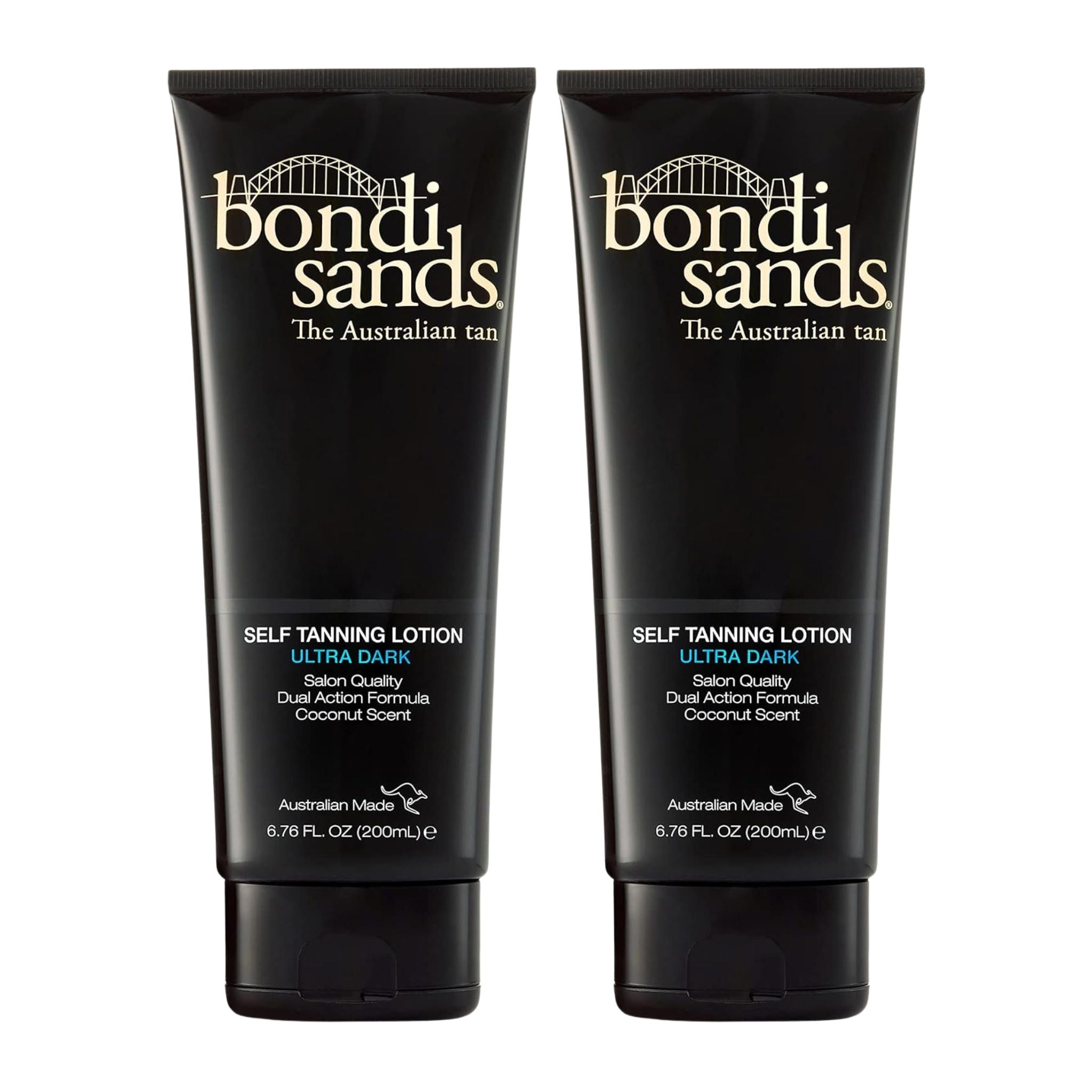 Two bottles of Bondi Sands self-tanning lotion on a white background