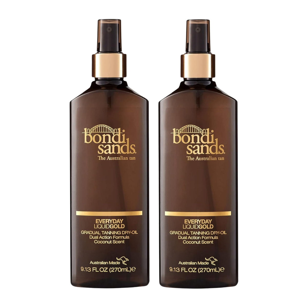 Two bottles of Bondi Sands Everyday Liquid Gold tanning oil on a white background