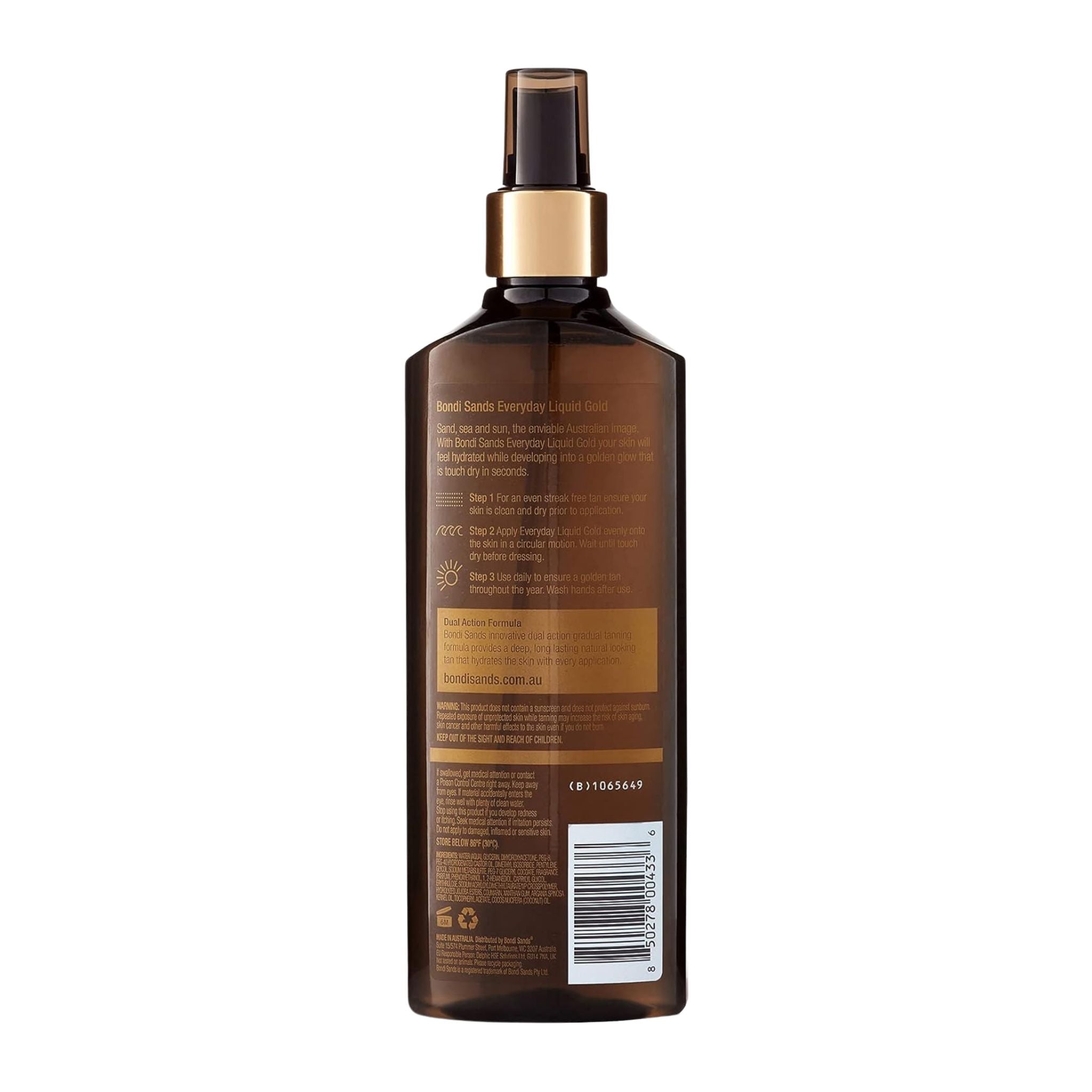 Brown spray bottle with label on a white background