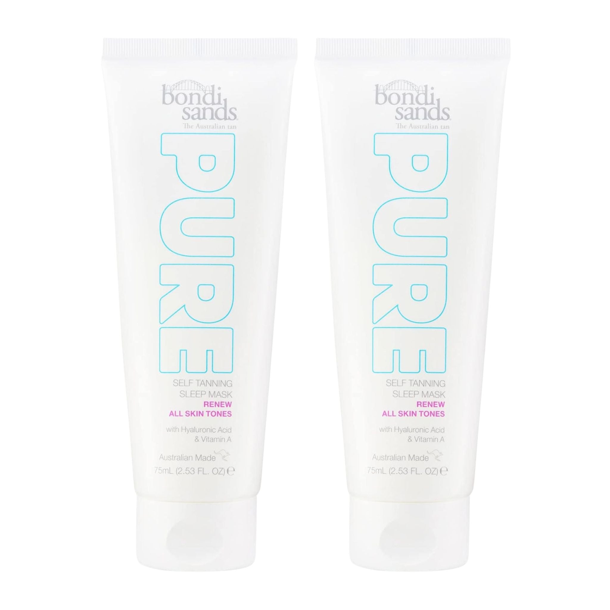 Two bottles of bondi sands Pure Self Tanning Lotion on a white background