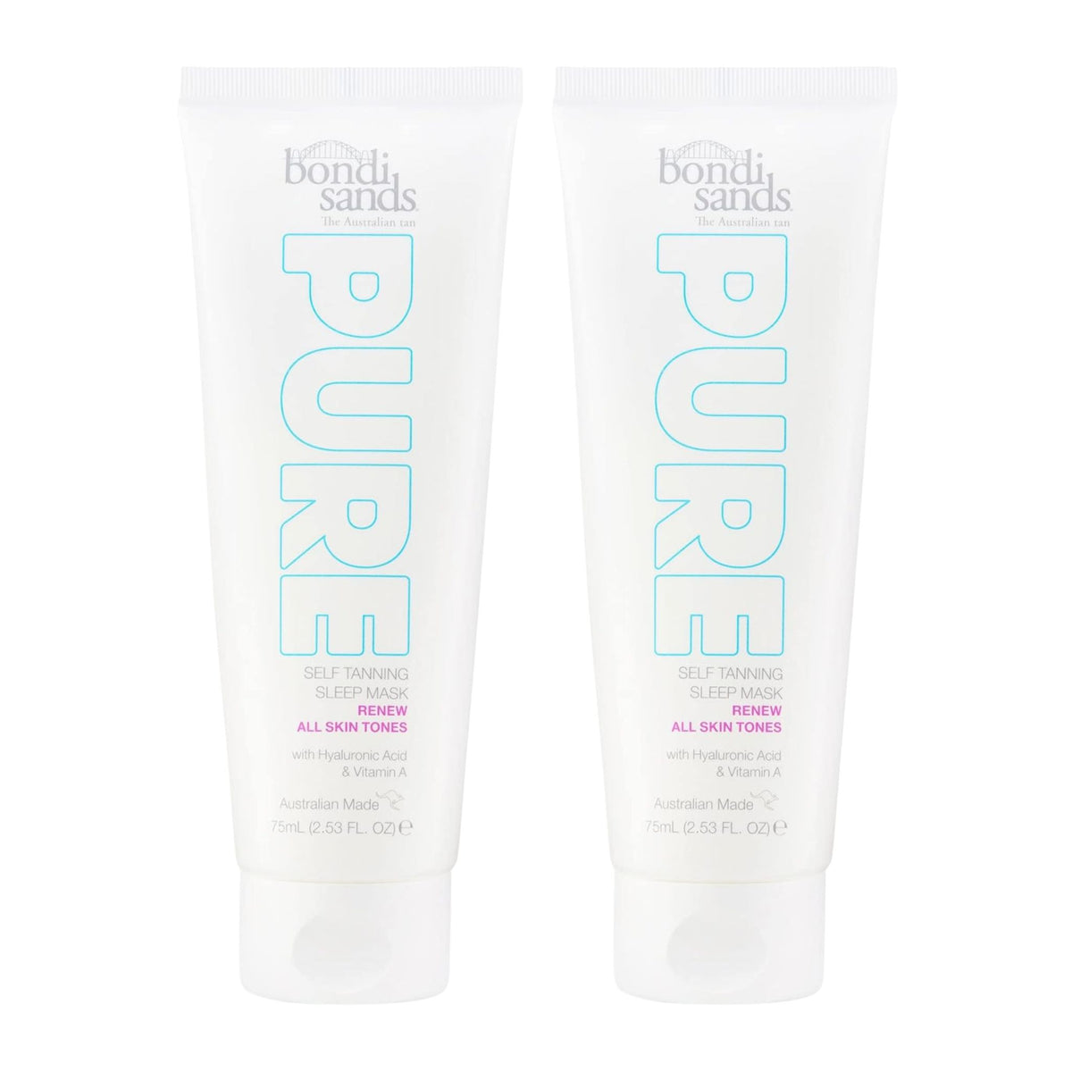 Two bottles of bondi sands Pure Self Tanning Lotion on a white background