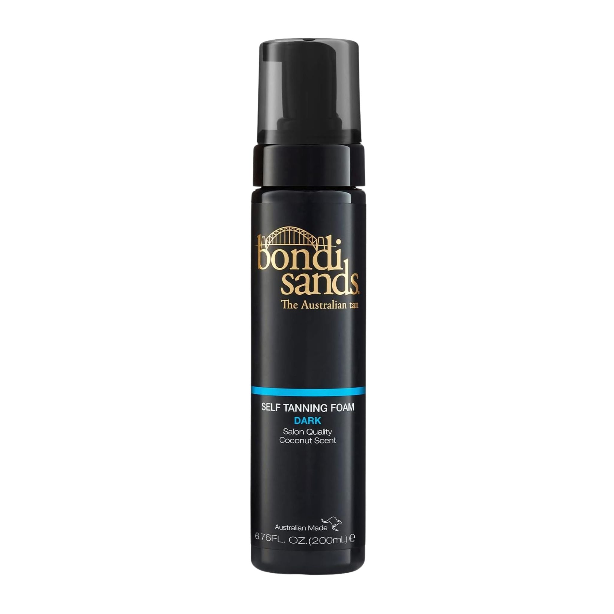 Black bottle of Bondi Sands self-tanning foam on a white background