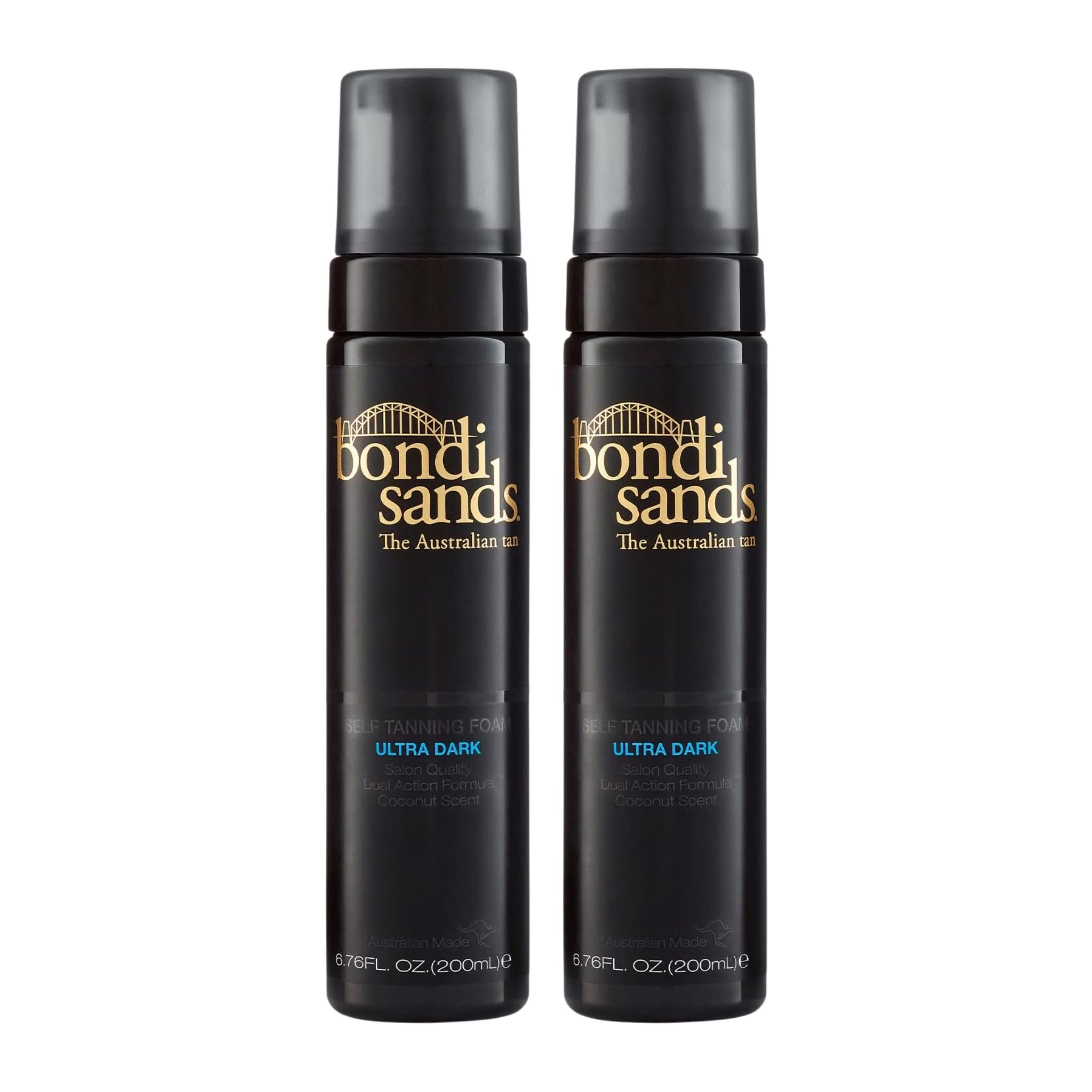 Two black bottles of Bondi Sands Ultra Dark tanning lotion on a white background