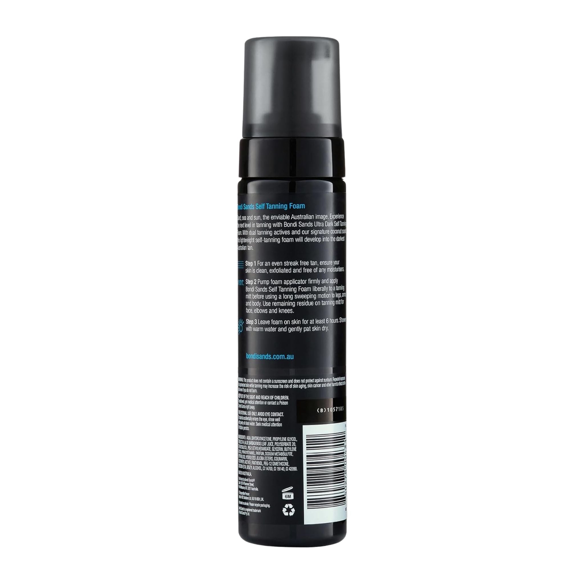 Black can of tanning foam with text on a white background