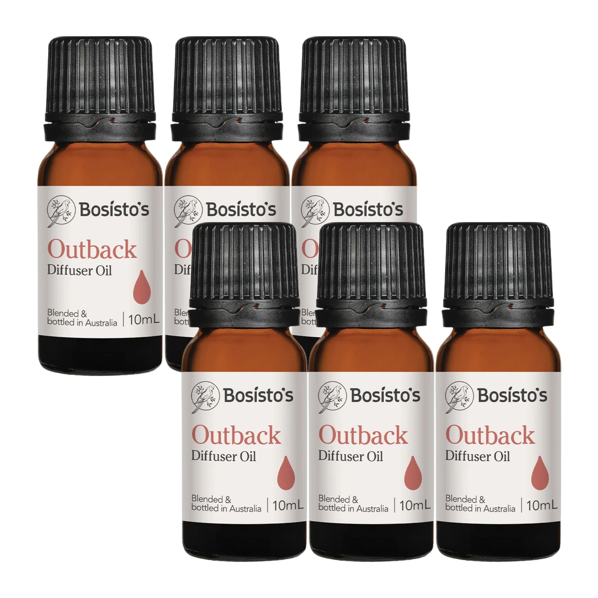 Six bottles of Bosisto's Outback Diffuser Oil on a white background