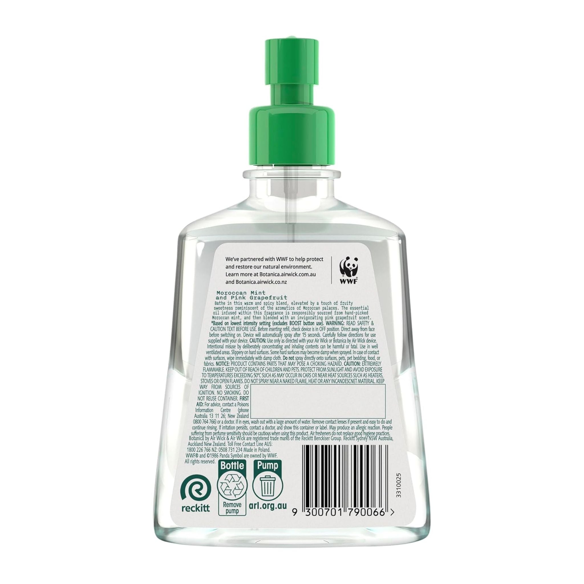 Clear bottle with green spray nozzle and WWF logo on a white background
