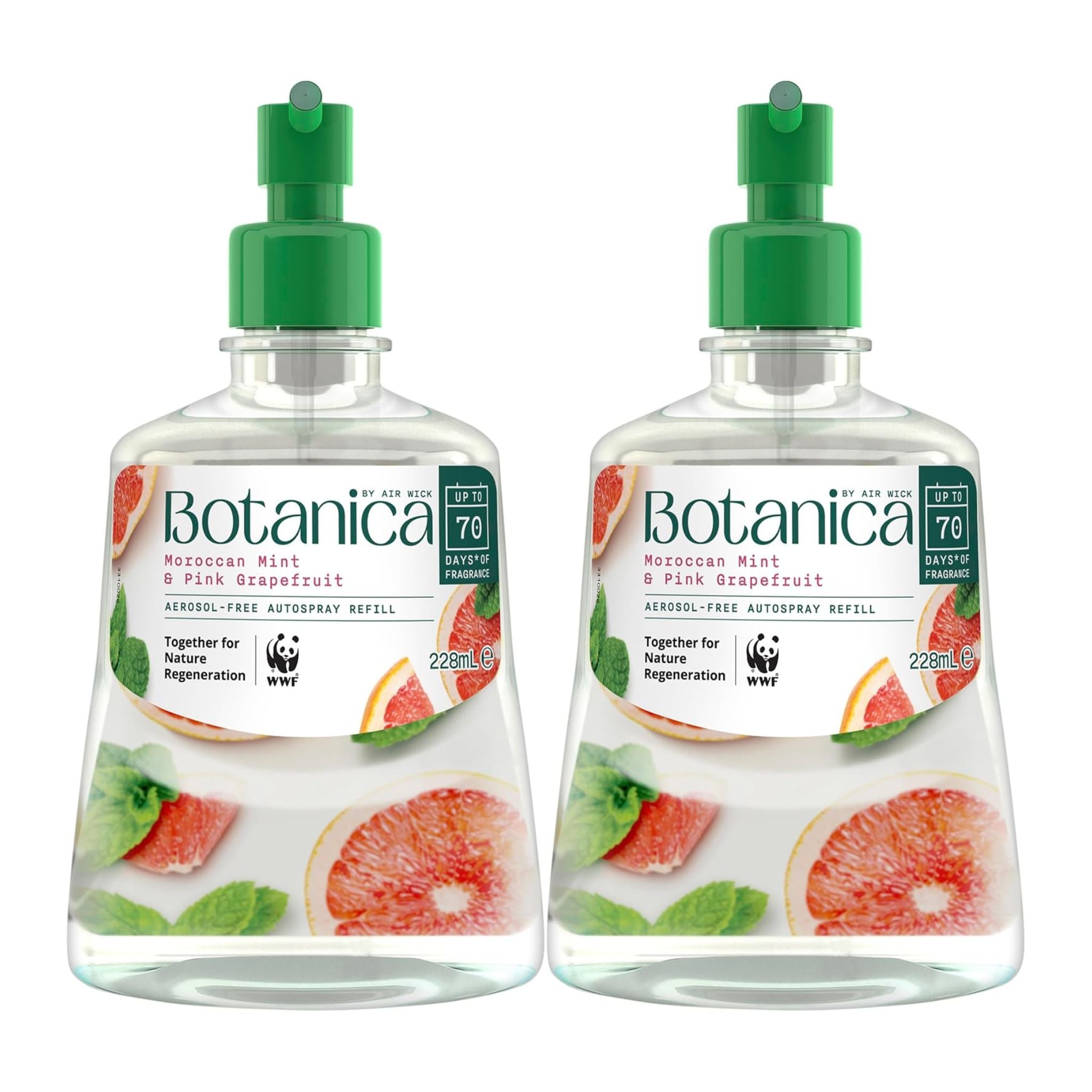 Two Botanica bottles with green caps on a white background