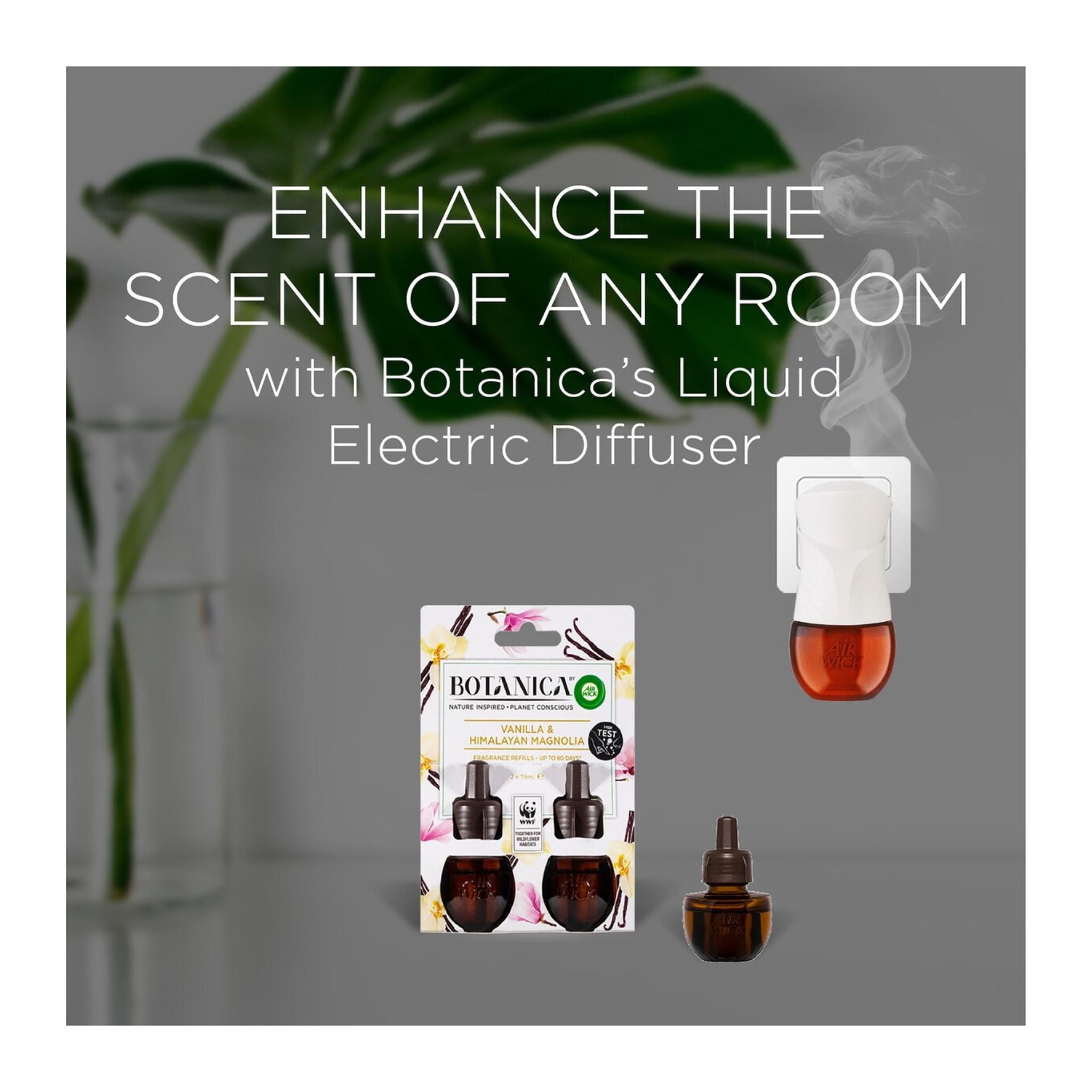 Botanica Liquid Electric Diffuser set with packaging and diffuser on a gray background