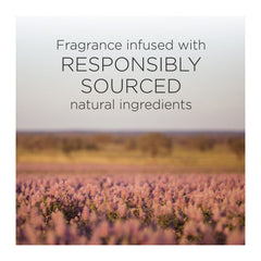 Lavender field with text 'Fragrance infused with responsibly sourced natural ingredients' on a light gray background