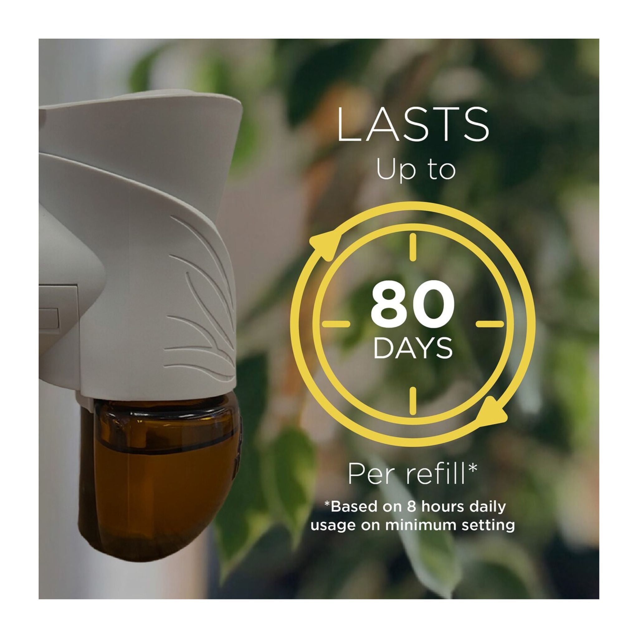 Diffuser with a refillable container and text indicating product longevity.