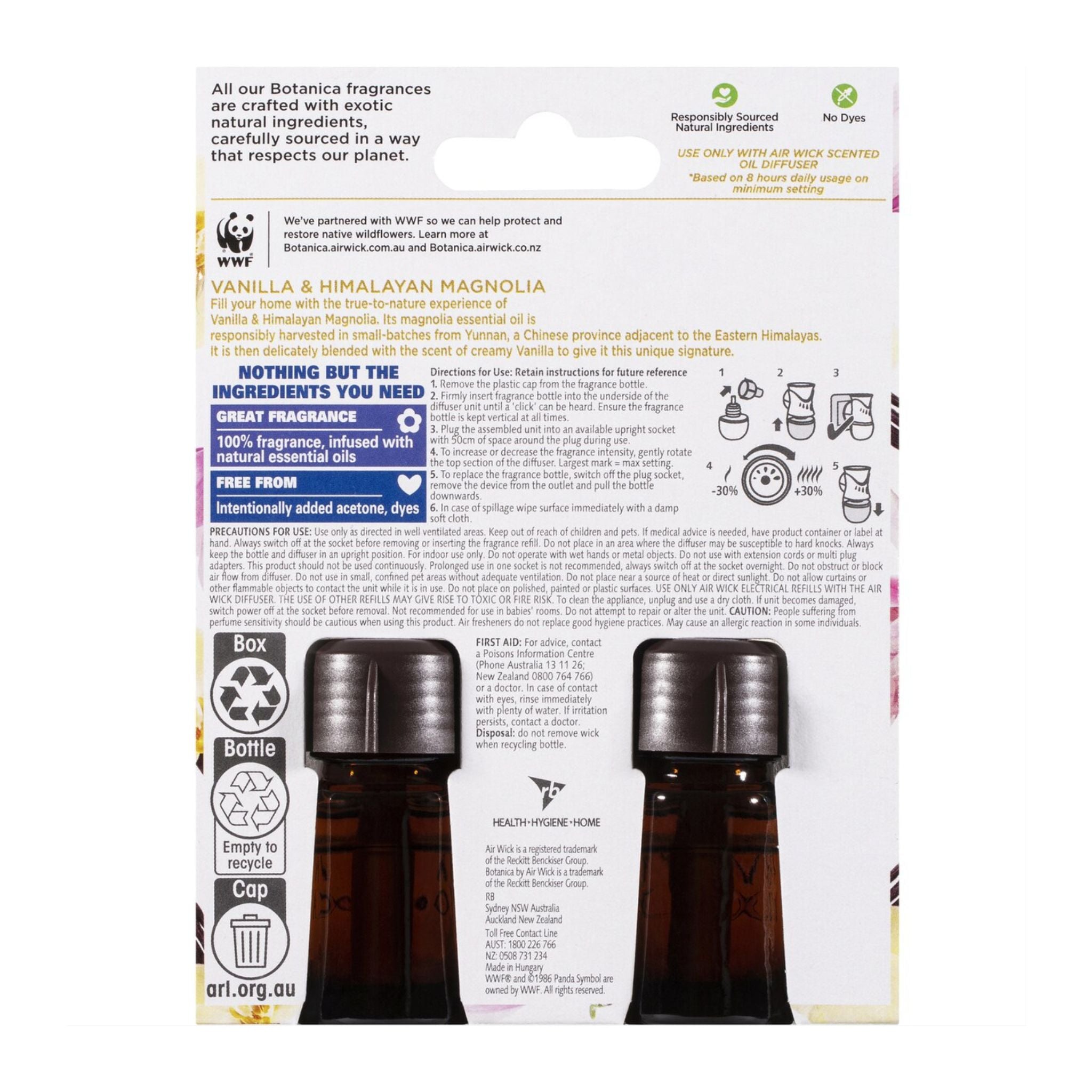 Back of a product packaging with text and images of bottles on a white background