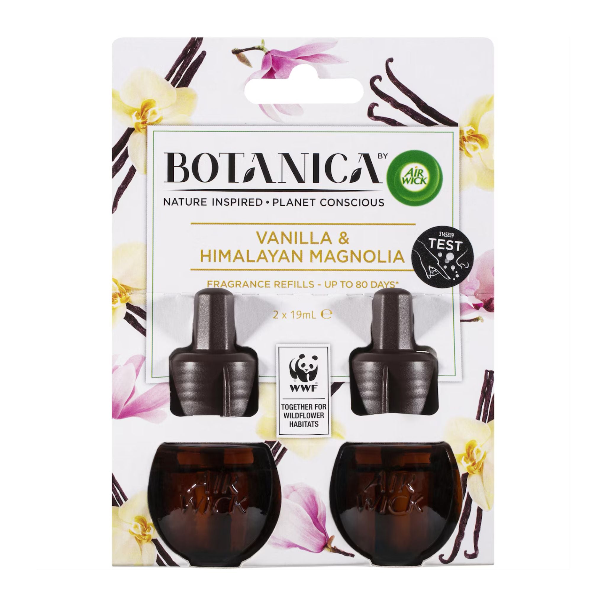 Botanica by Airwick Vanilla & Himalayan Magnolia fragrance refills packaging with floral design.