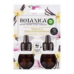 Botanica by Airwick Vanilla & Himalayan Magnolia fragrance refills packaging with floral design.