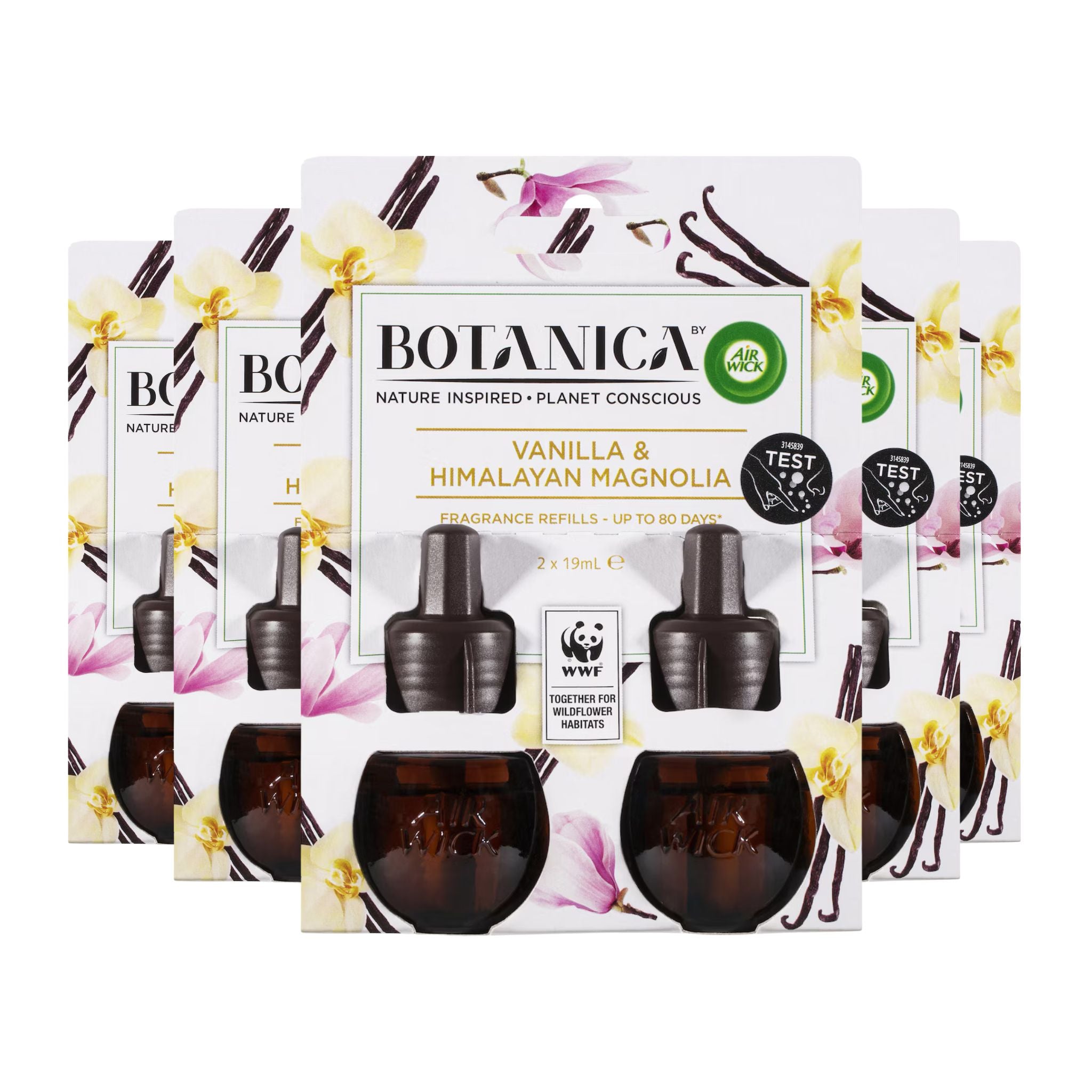 Botanica Vanilla & Himalayan Magnolia fragrance refills packaging on a white background
