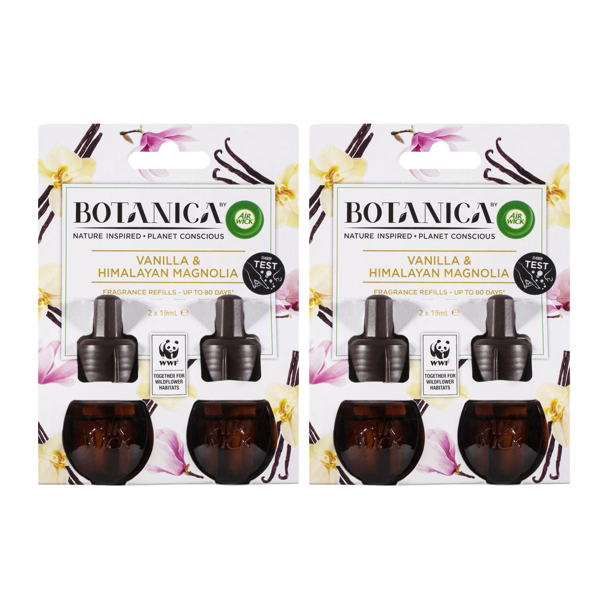 Two Botanica Vanilla & Himalayan Magnolia perfume refills on a white background