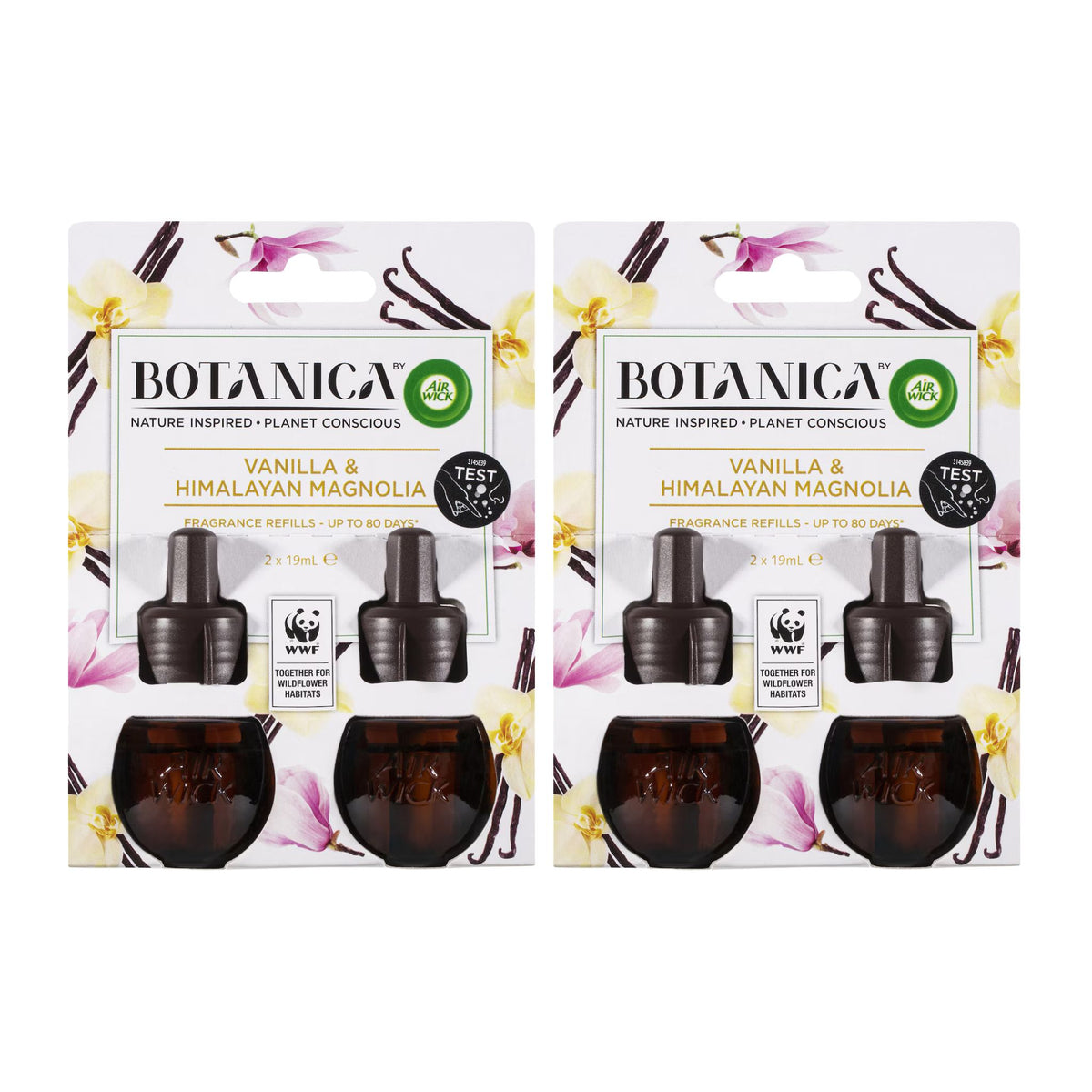 Two Botanica Vanilla & Himalayan Magnolia perfume refills on a white background