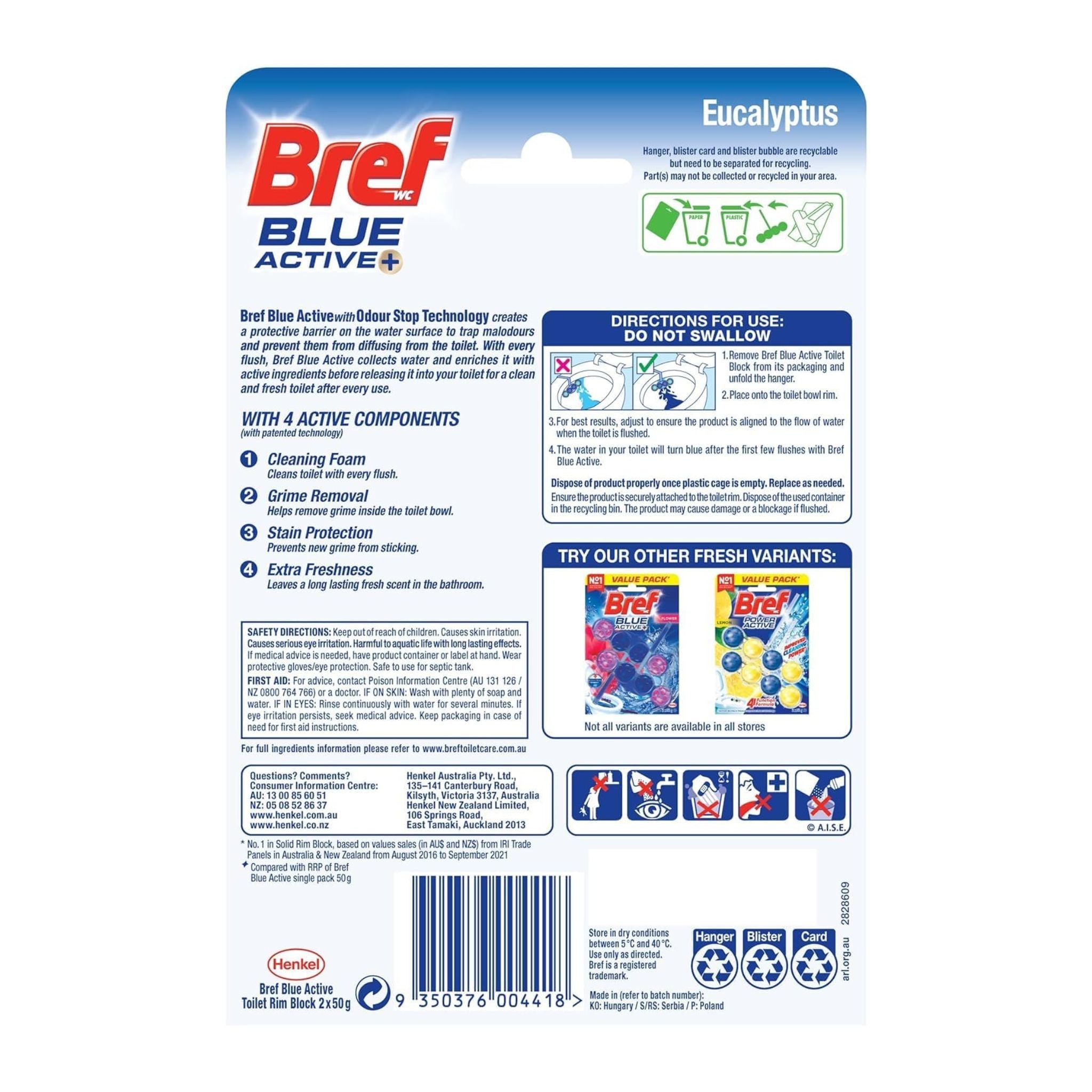 Bref Blue Active cleaning product packaging with text and graphics on a white background