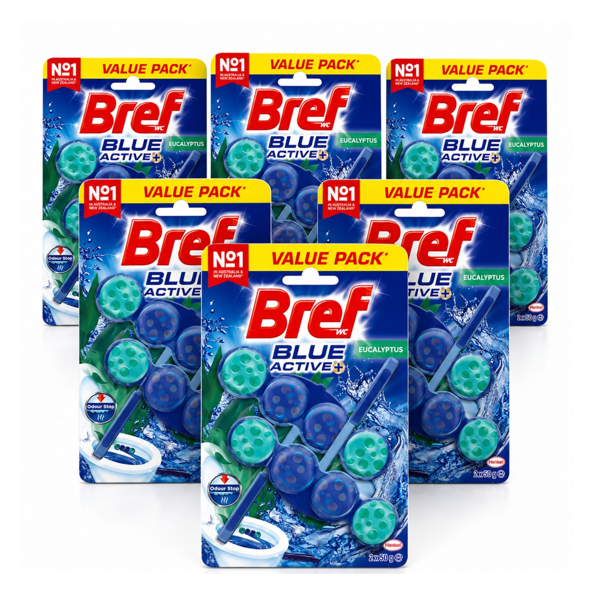 Multiple packages of Bref Blue Active+ toilet bowl cleaners on a white background