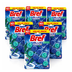 Multiple packages of Bref Blue Active+ toilet bowl cleaners on a white background