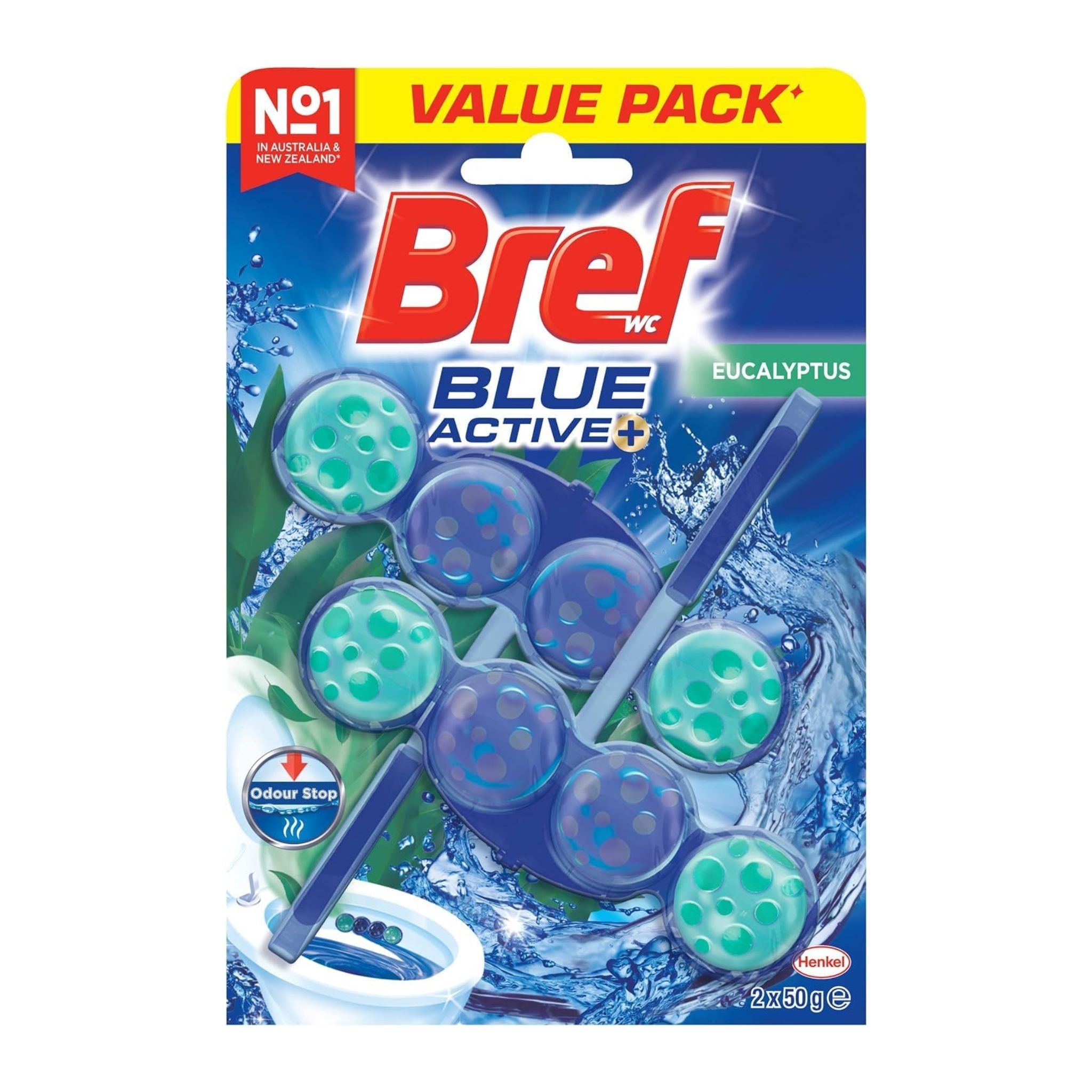 Bref Blue Active+ Eucalyptus toilet bowl cleaner packaging with blue and green design.