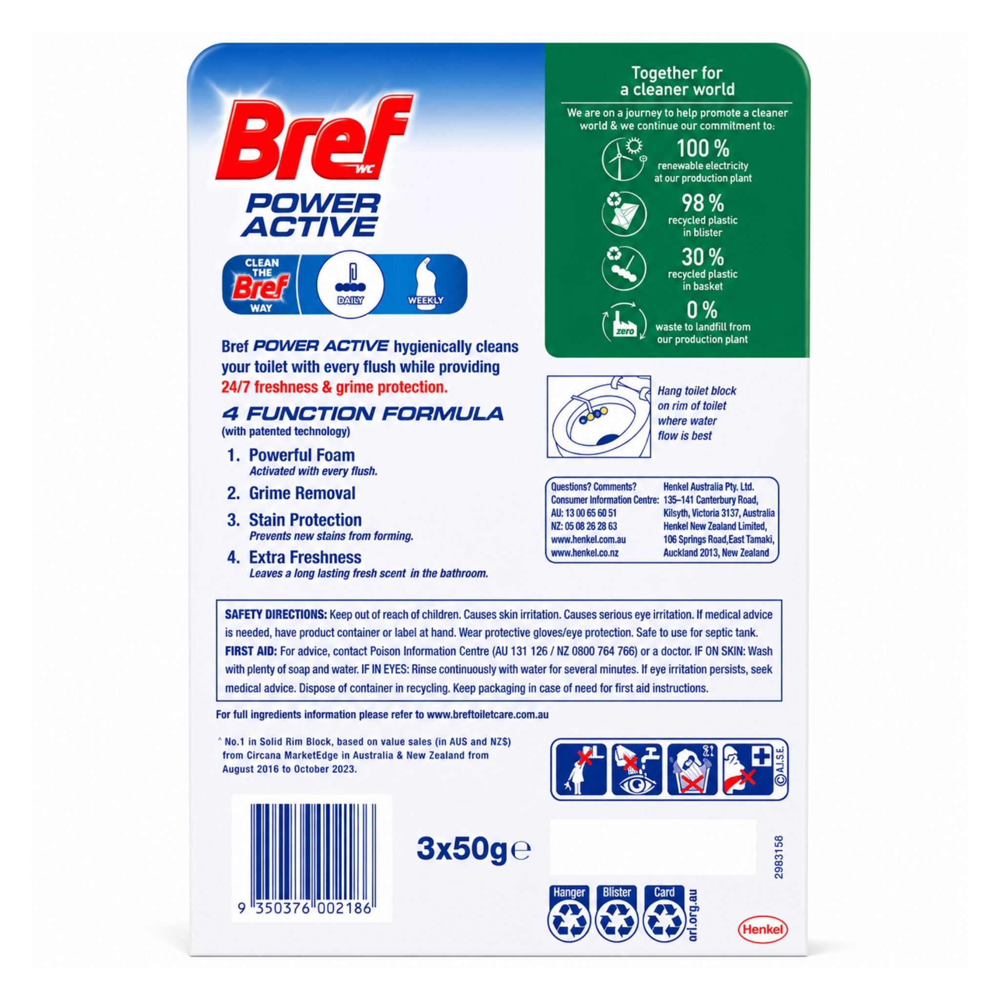 Back of Bref Power Active Lemon Toilet Rim Cleaner package displaying usage directions and product details