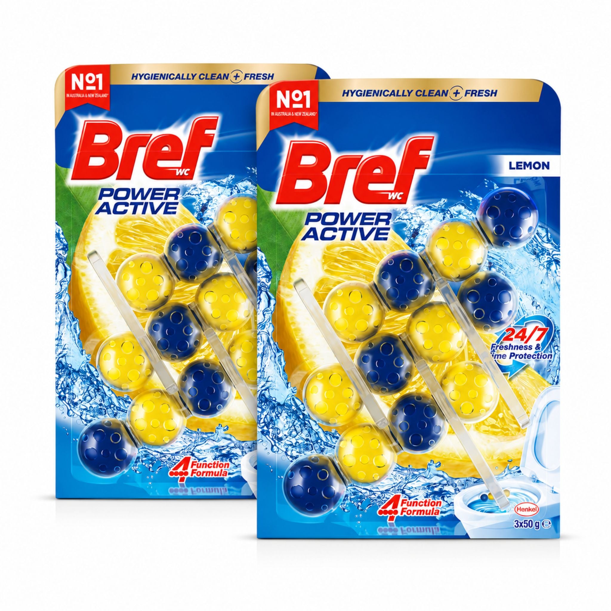 Front packaging of Bref Power Active Lemon Toilet Rim Cleaner 3x50g packs side by side