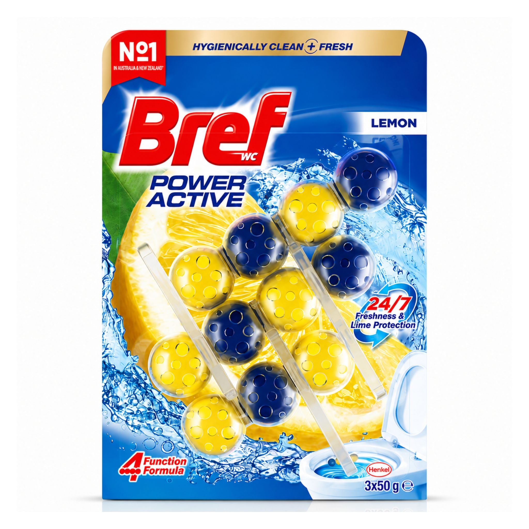 Single pack of Bref Power Active Lemon Toilet Rim Cleaner featuring 3 blue and yellow rim blocks