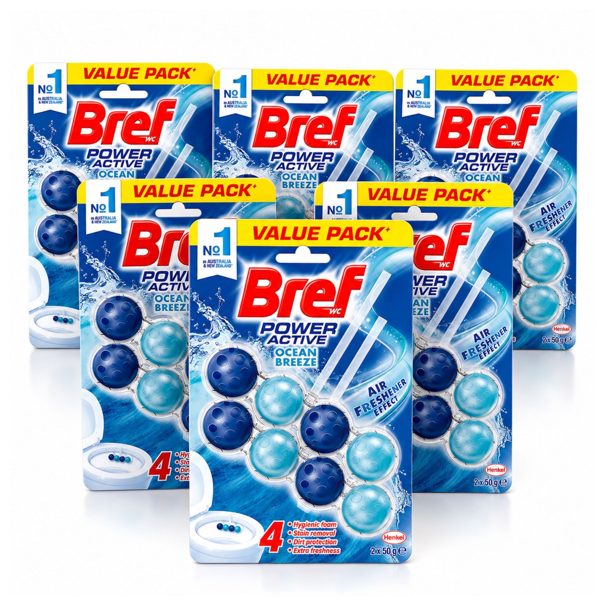 Multiple packages of Bref Power Active Ocean Breeze air fresheners on a white background